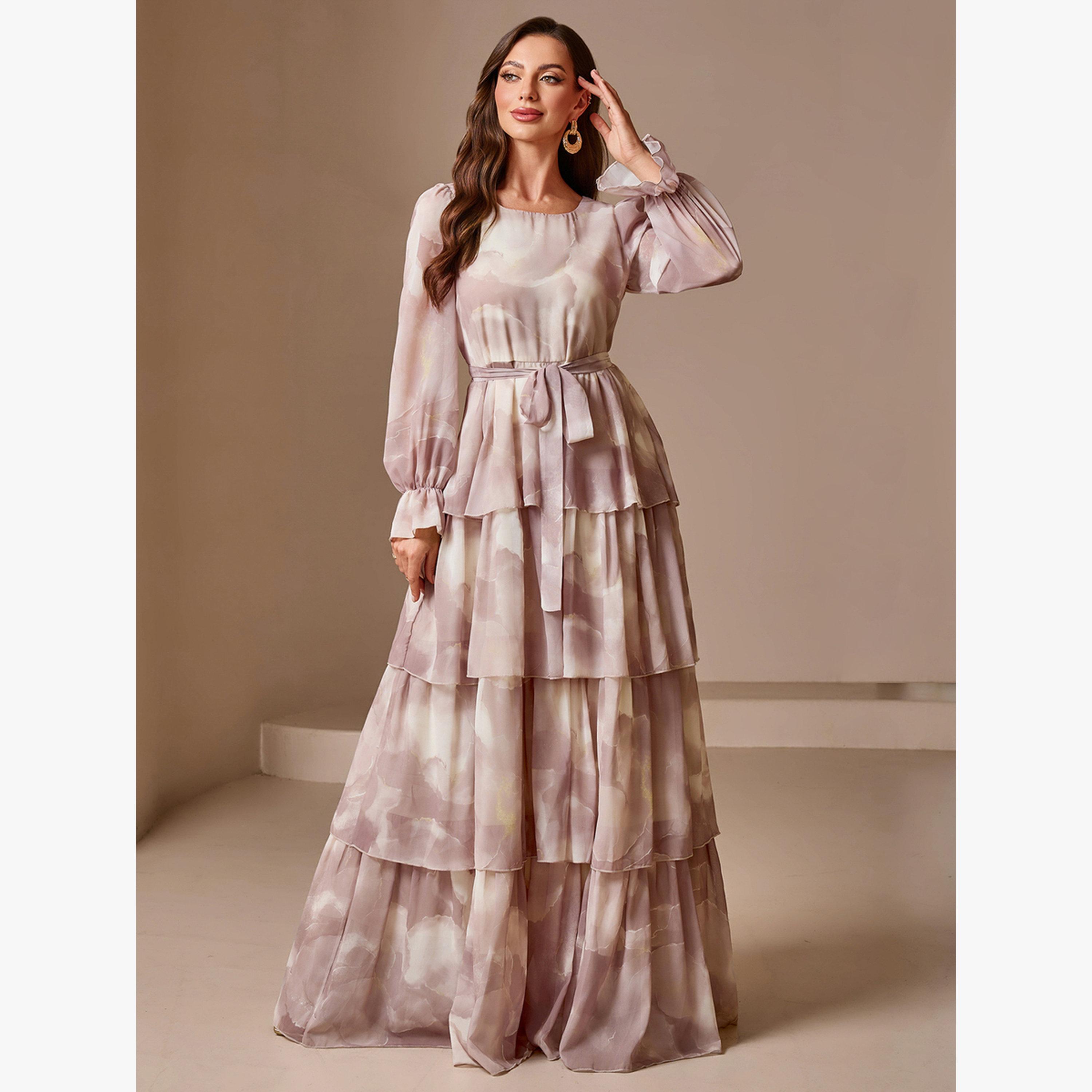 فستان طويل بطبقات وأكمام فانوس وطبعة تاي داي لون وردي-women-clothing-dresses-image-1