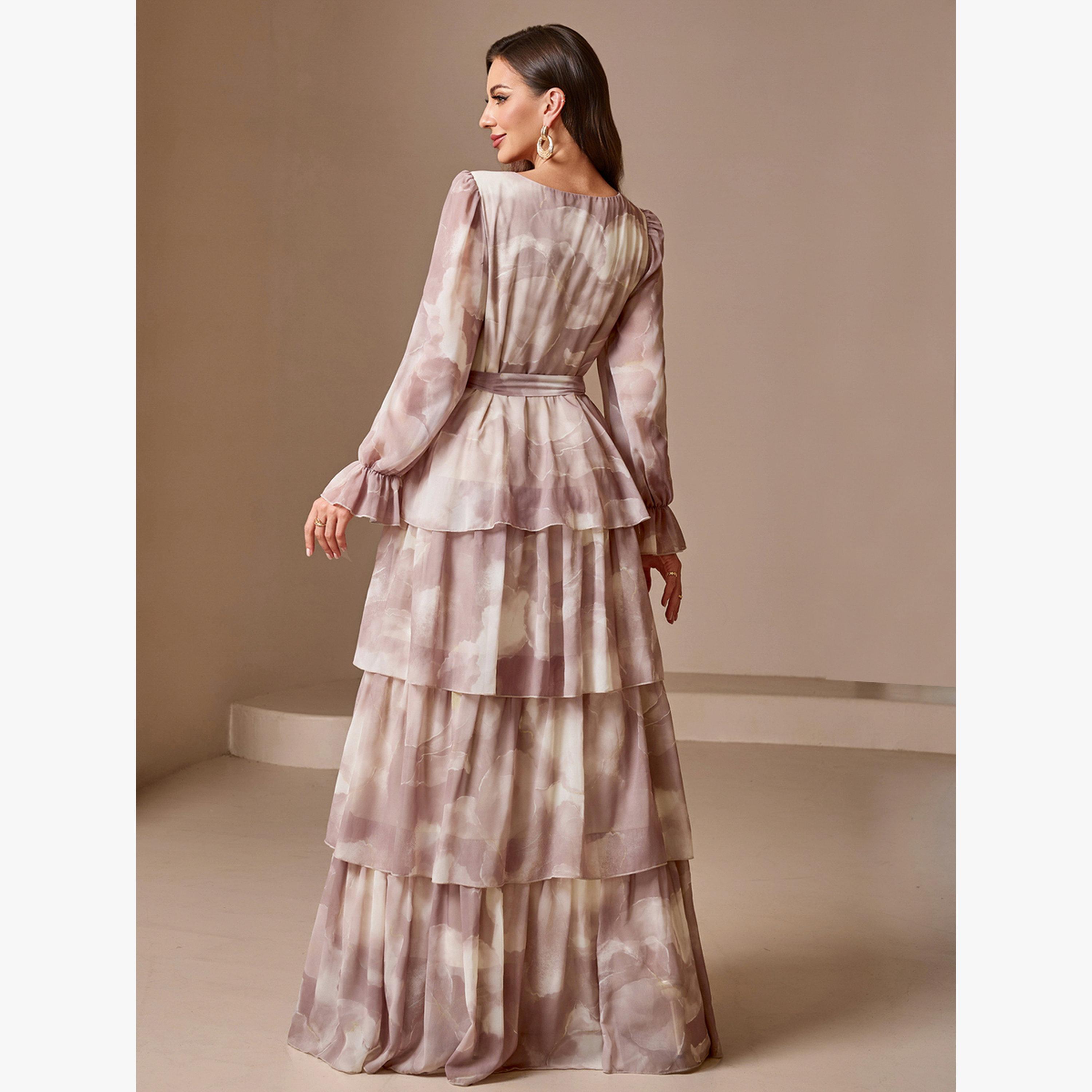 Take Two Pink Tie and Dye Print Lantern Sleeve Tiered Maxi Dress-women-clothing-dresses-image-2