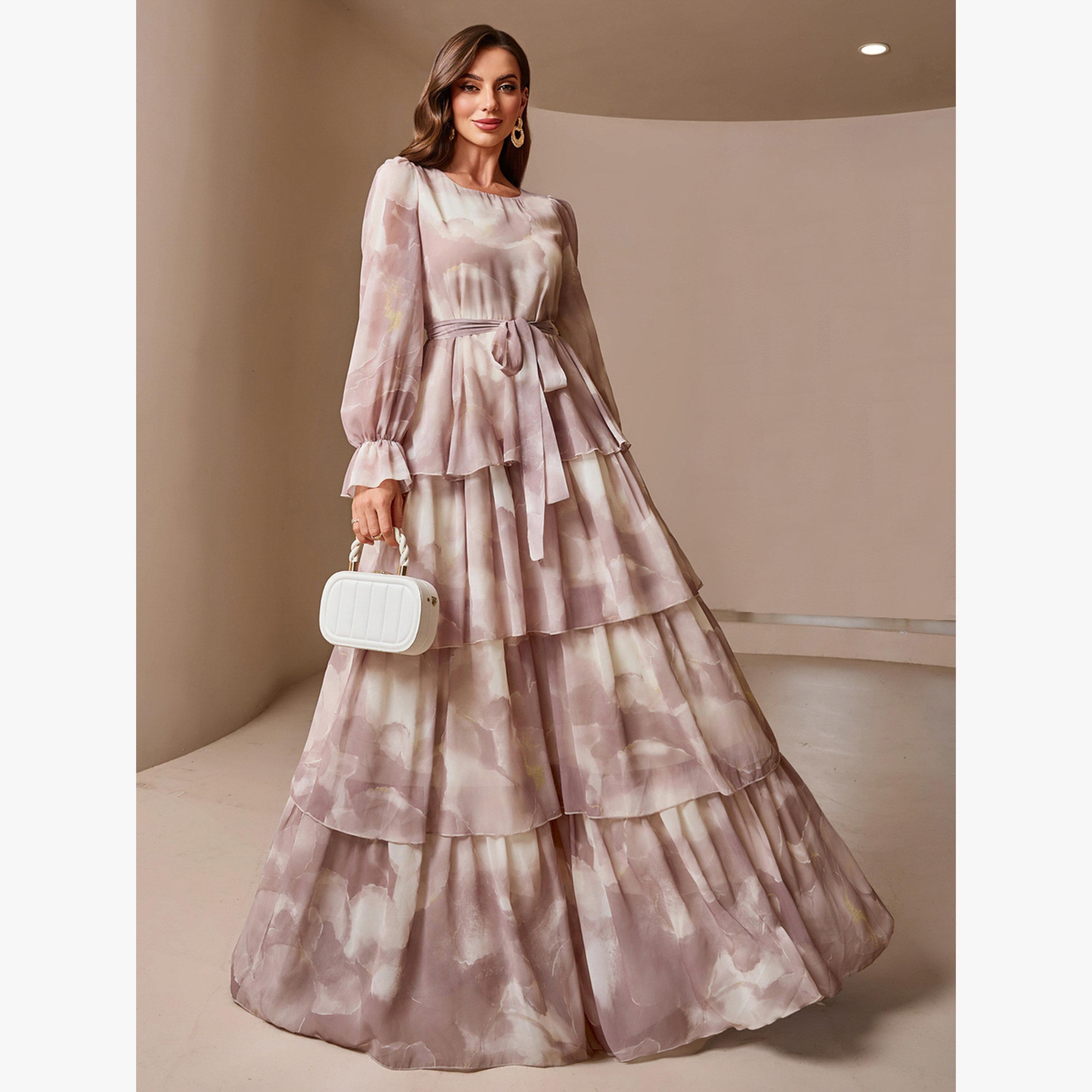 Take Two Pink Tie and Dye Print Lantern Sleeve Tiered Maxi Dress-women-clothing-dresses-image-3