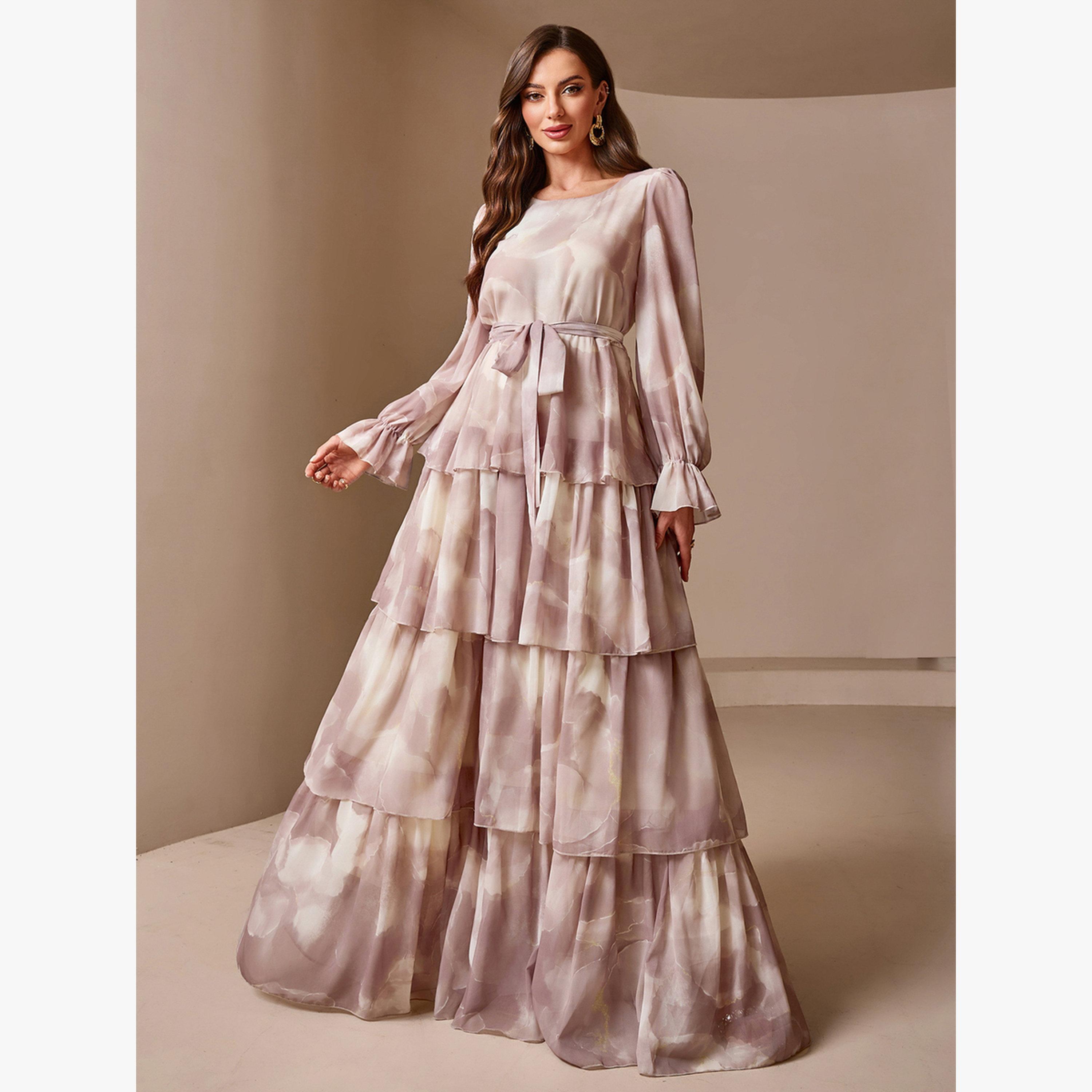 Take Two Pink Tie and Dye Print Lantern Sleeve Tiered Maxi Dress-women-clothing-dresses-image-4