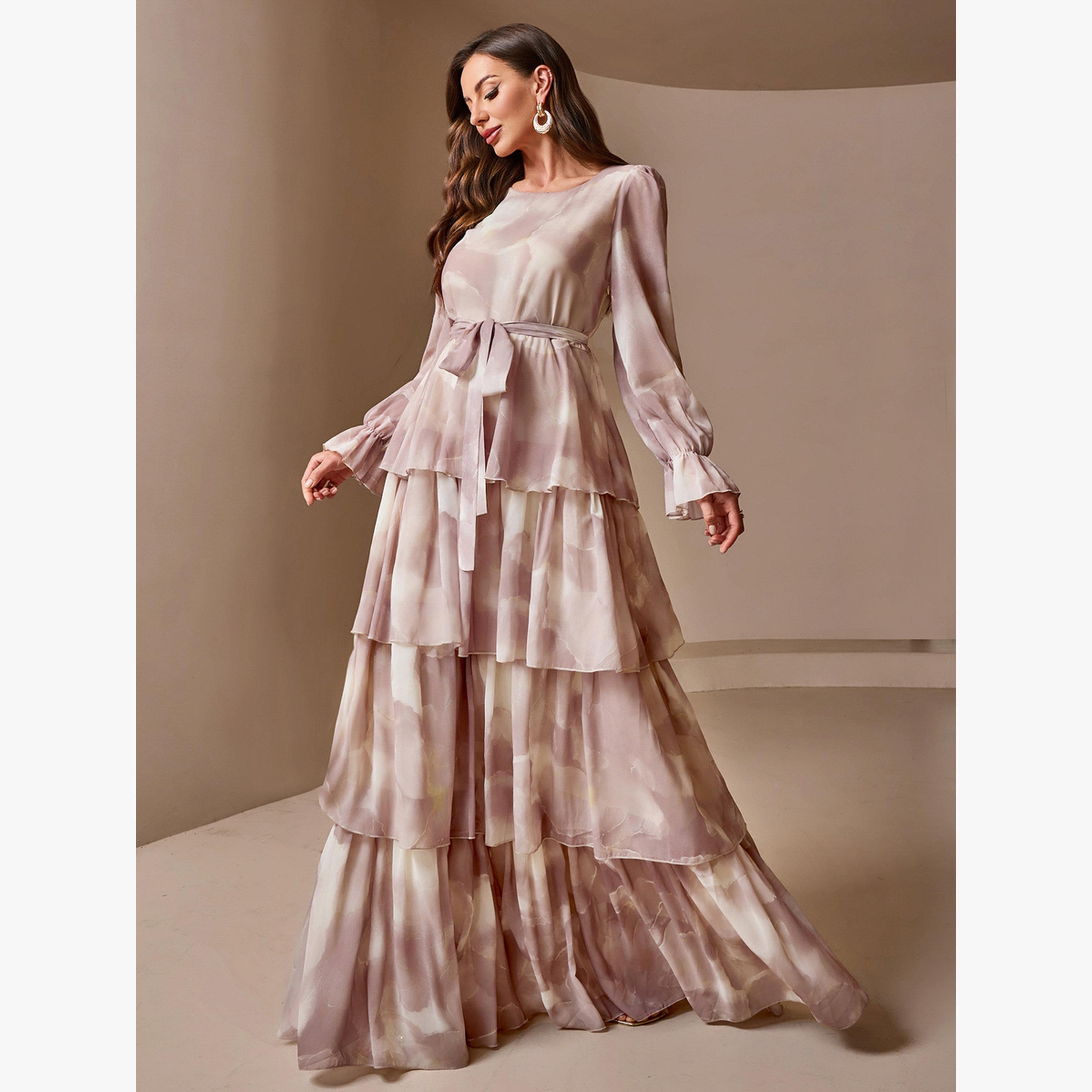 فستان طويل بطبقات وأكمام فانوس وطبعة تاي داي لون وردي-women-clothing-dresses-image-5