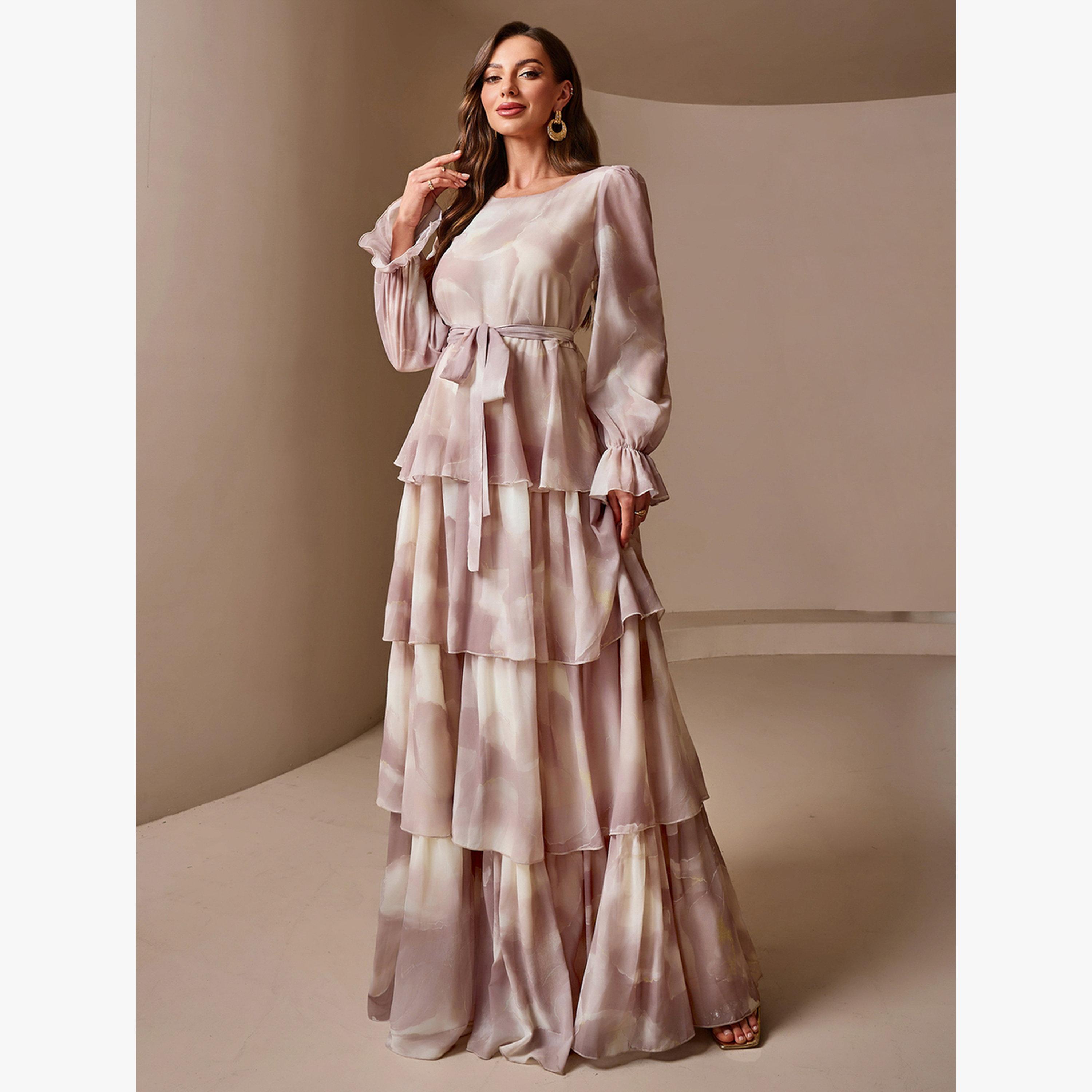 فستان طويل بطبقات وأكمام فانوس وطبعة تاي داي لون وردي-women-clothing-dresses-image-6