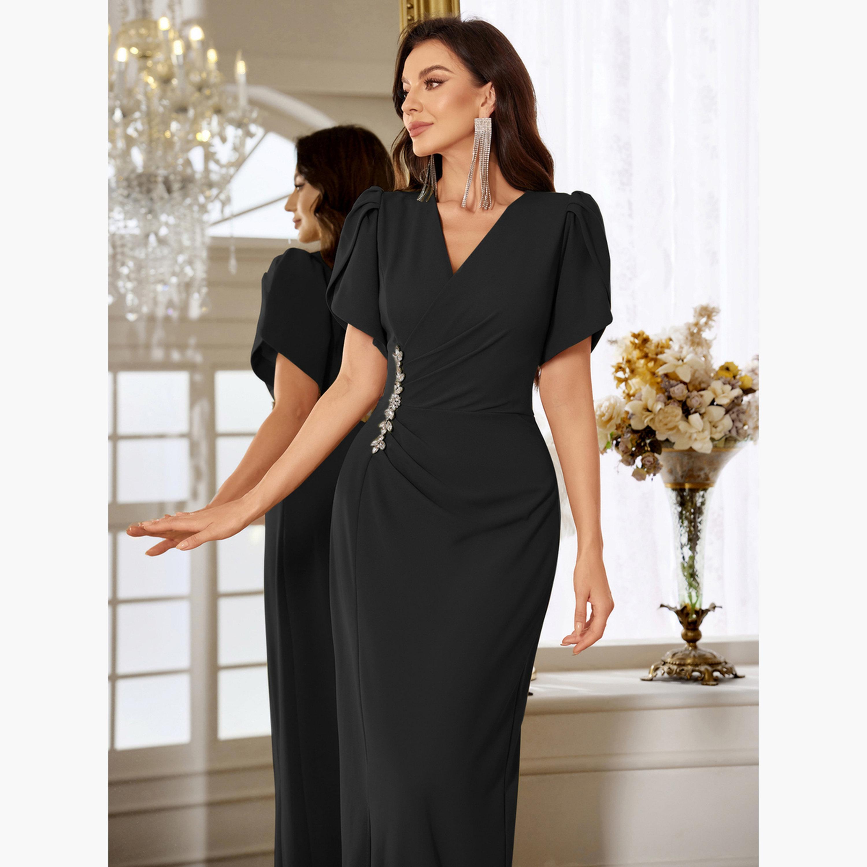فستان طويل مزين بأكمام منفوخة وتفاصيل مزمومة-women-clothing-dresses-image-5