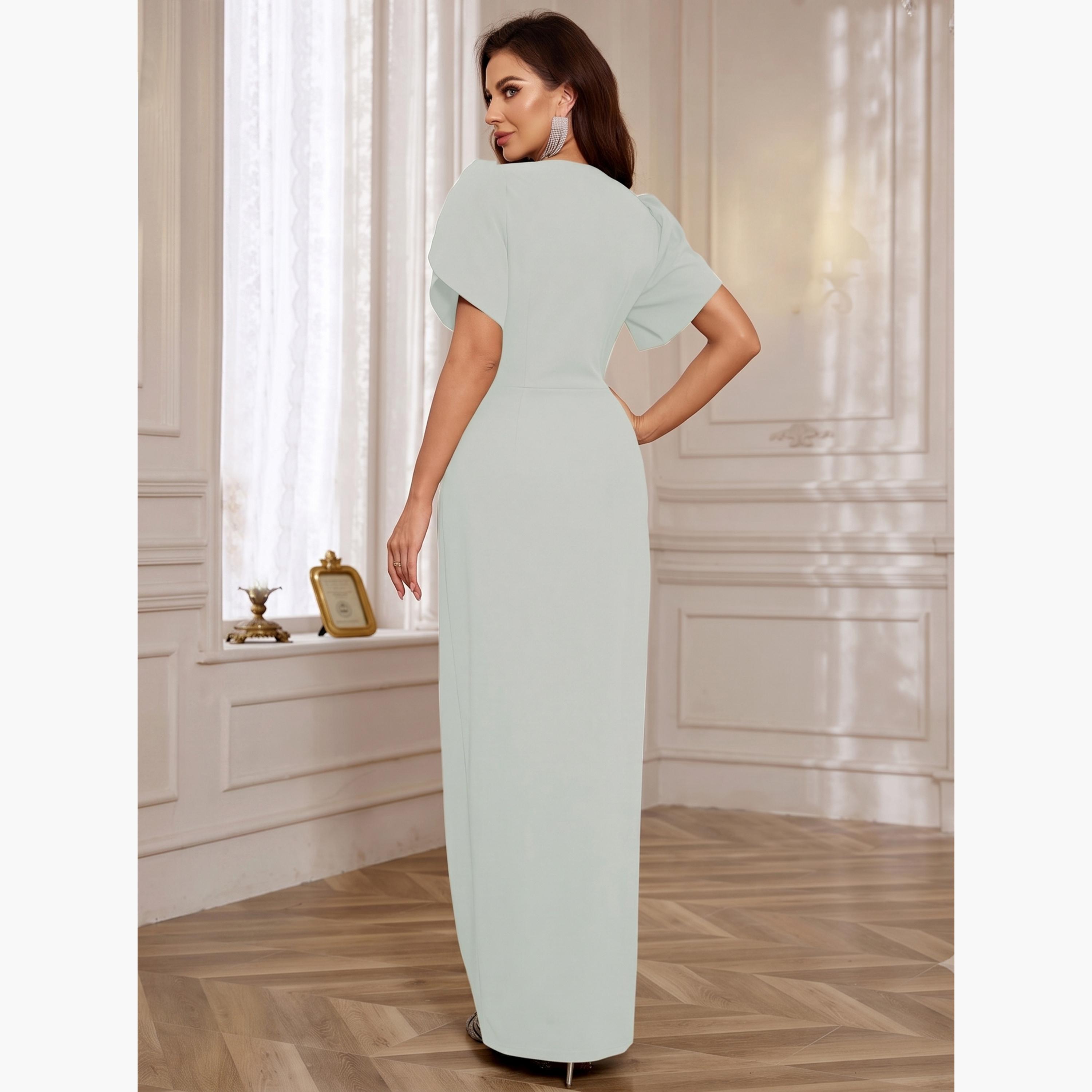 تيك تو - فستان ماكسي أخضر مزين عند الخصر بأكمام على شكل زهرة التوليب-women-clothing-dresses-image-2