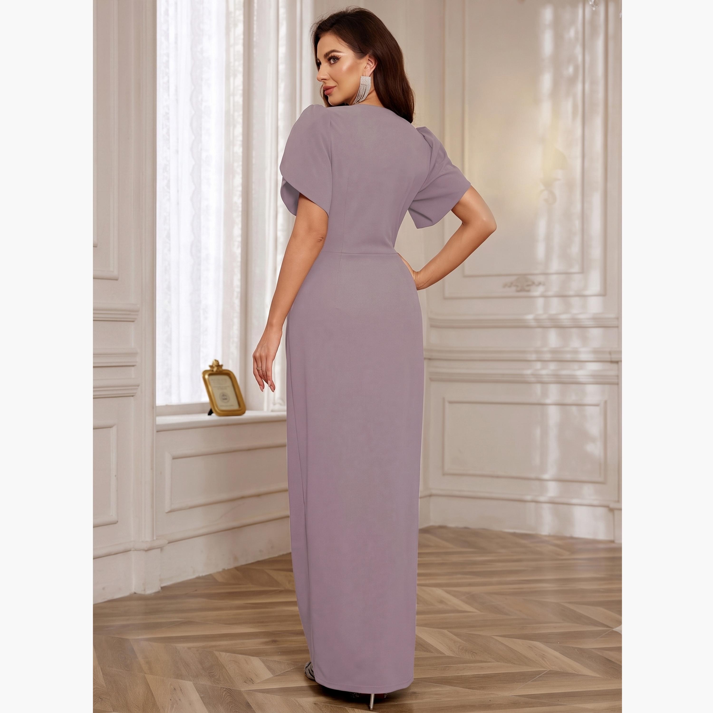 تيك تو - فستان ماكسي بنفسجي مزين عند الخصر بأكمام على شكل زهرة التوليب-women-clothing-dresses-image-2