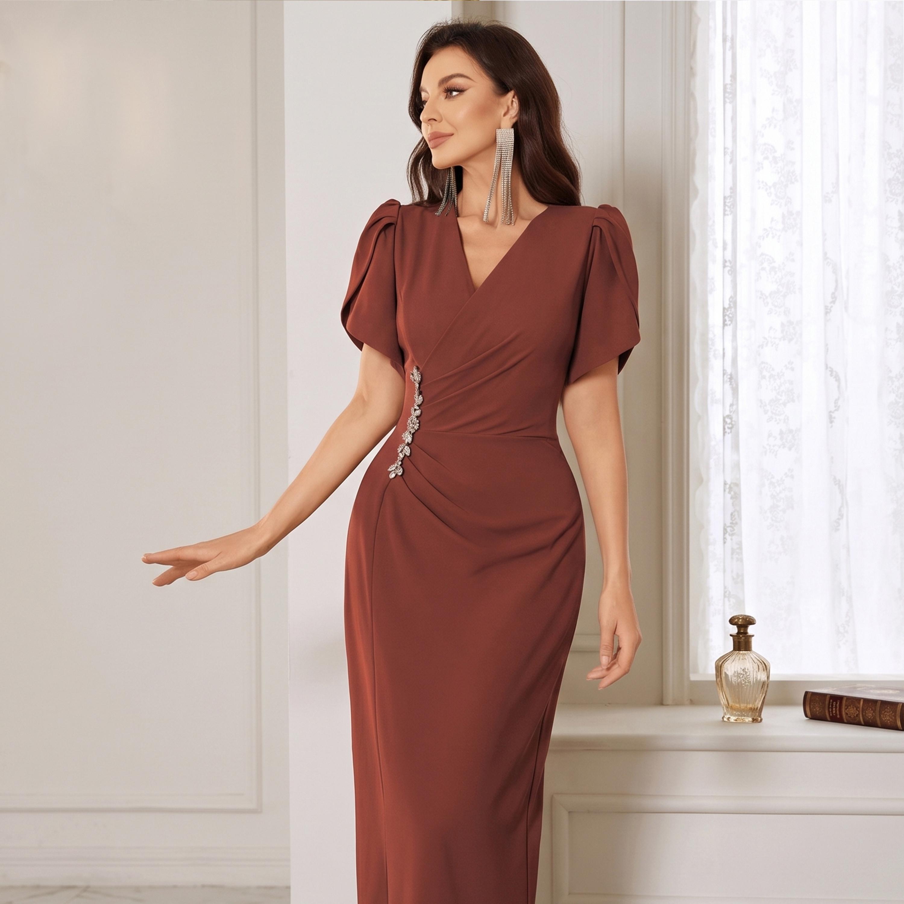 Take Two Rust Embellished Waist Maxi Dress with Tulip Sleeves-women-clothing-dresses-image-4