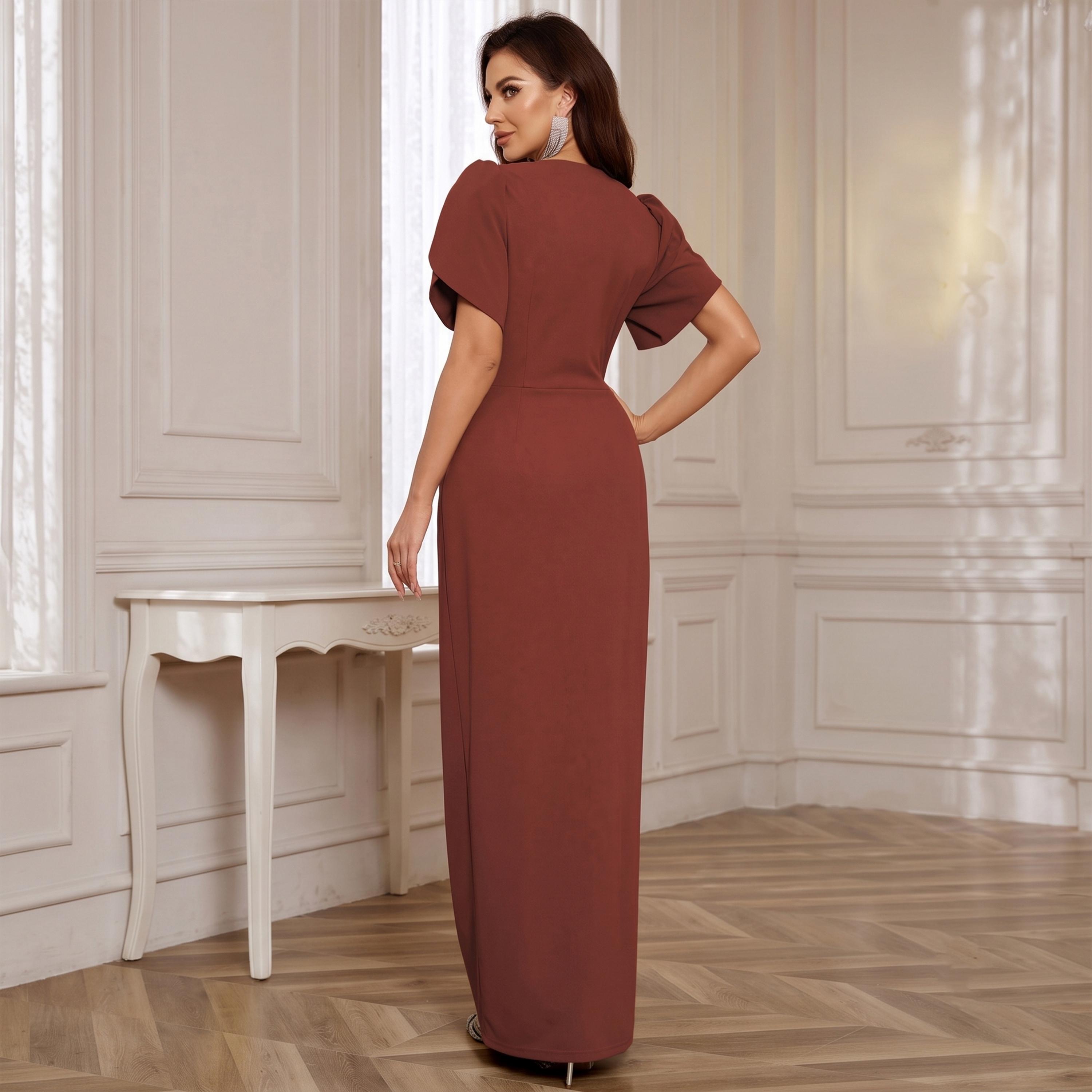 Take Two Rust Embellished Waist Maxi Dress with Tulip Sleeves-women-clothing-dresses-image-5