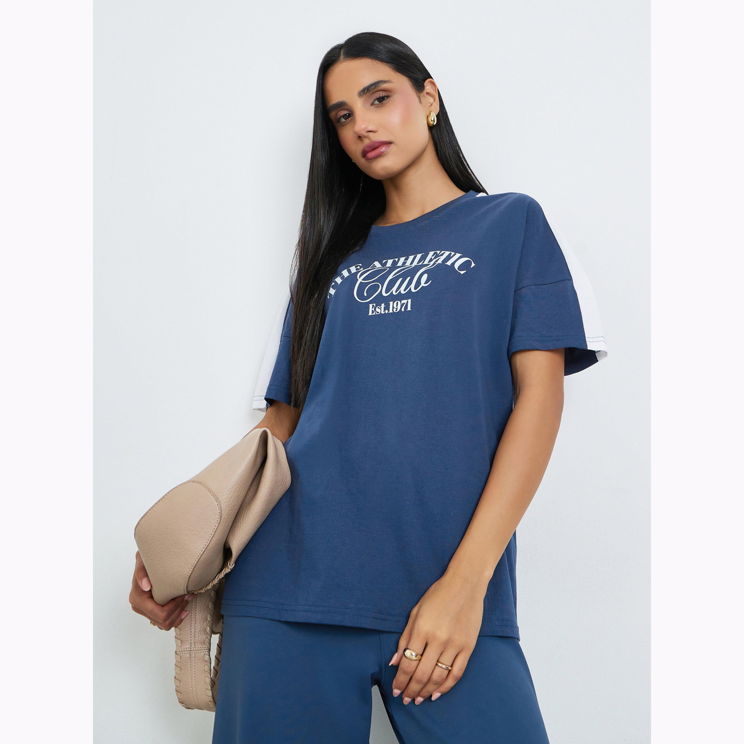 Styli Blue Slogan Oversized Cotton T-Shirt-women-clothing-tshirts-image-1