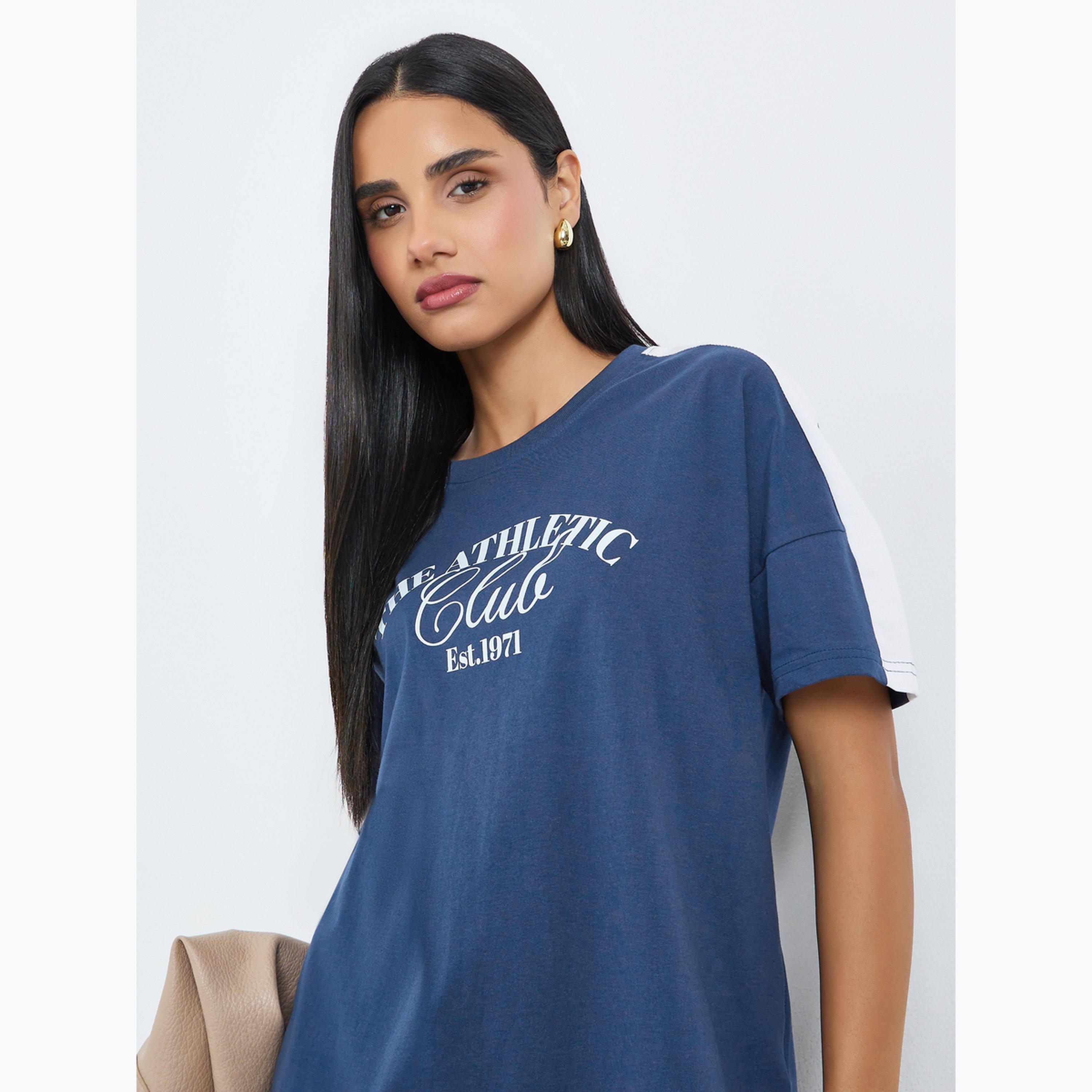 Styli Blue Slogan Oversized Cotton T-Shirt-women-clothing-tshirts-image-3