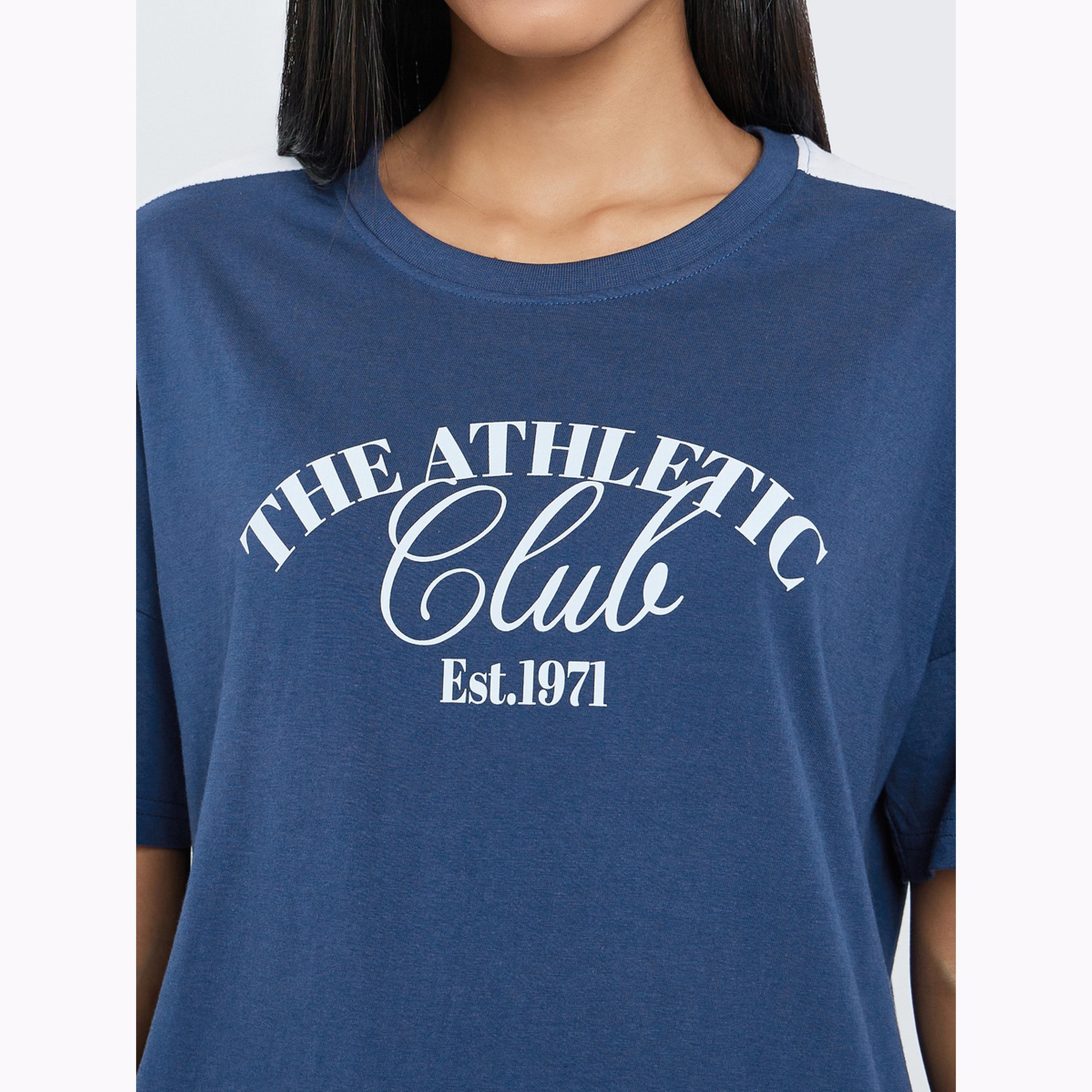 Styli Blue Slogan Oversized Cotton T-Shirt-women-clothing-tshirts-image-5