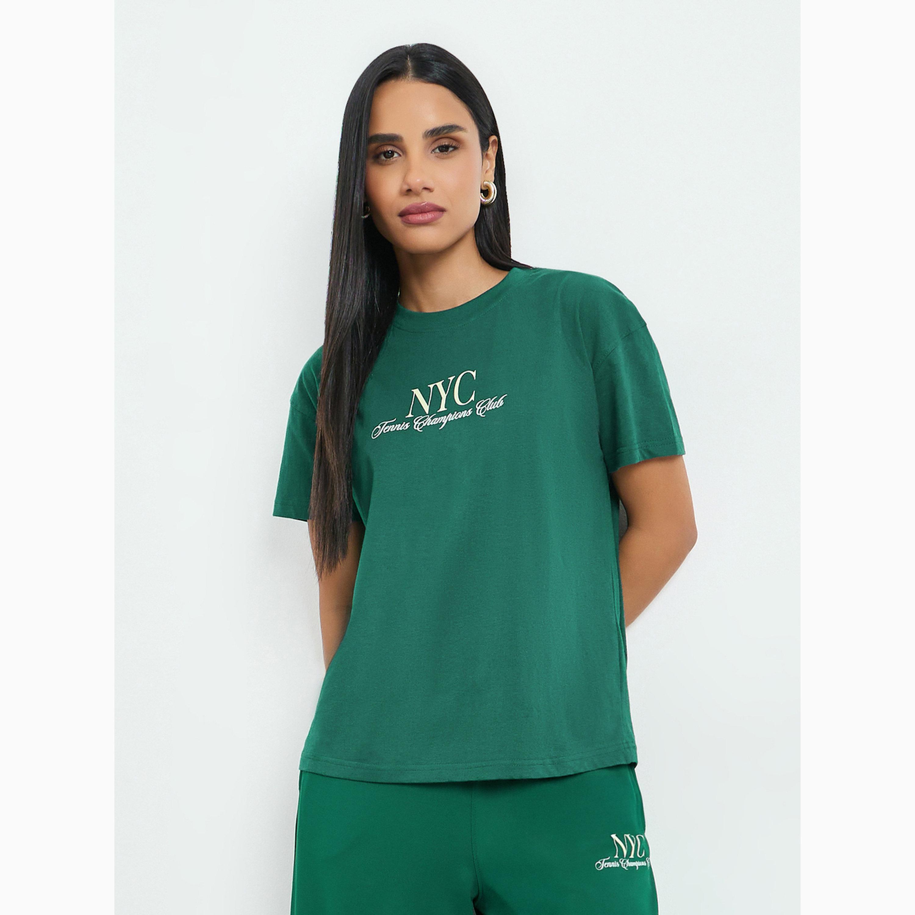 Styli Green NYC Slogan Print Cotton T-Shirt-women-clothing-tshirts-image-1