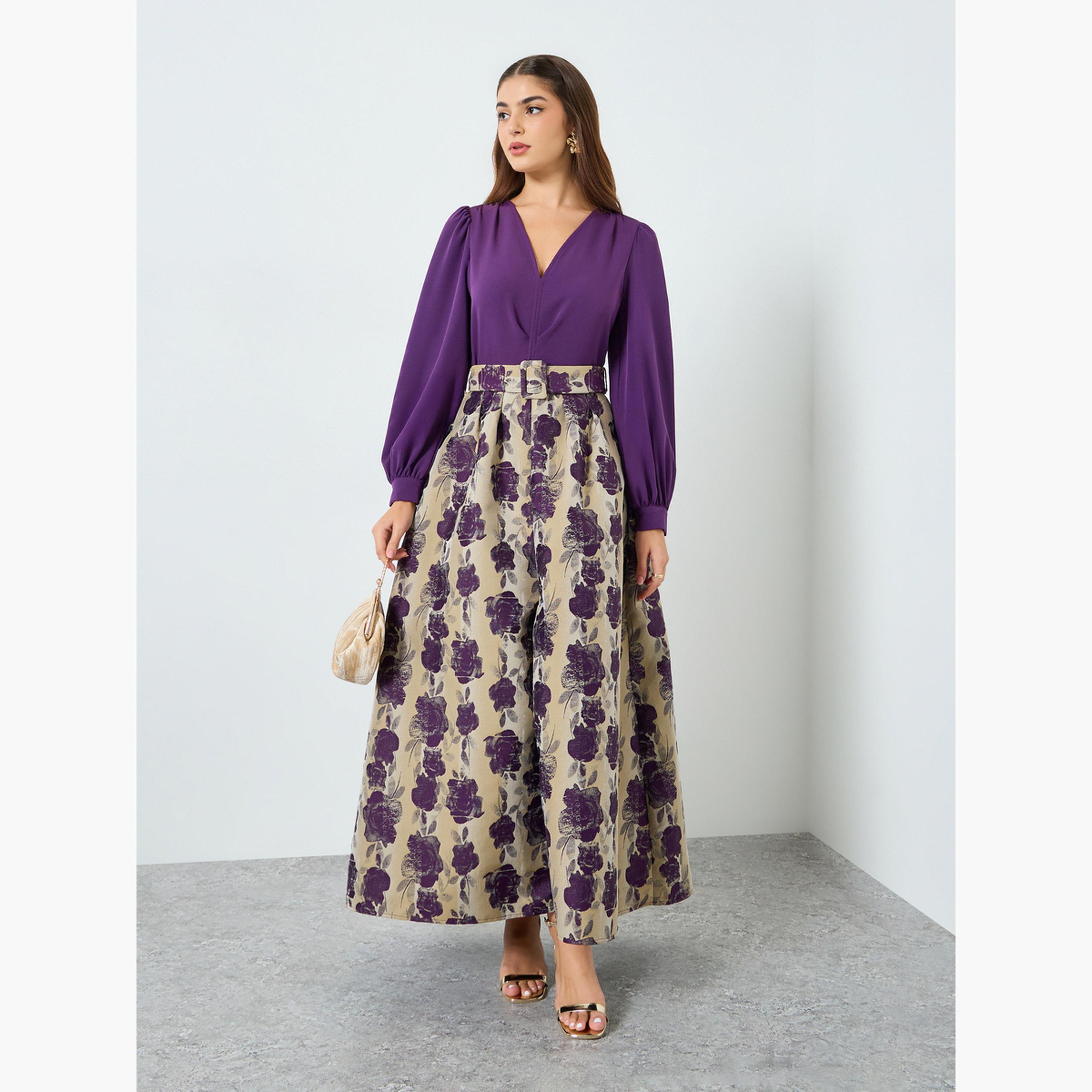 فستان طويل بأكمام بالون وطبعة أزهار-women-clothing-dresses-image-1