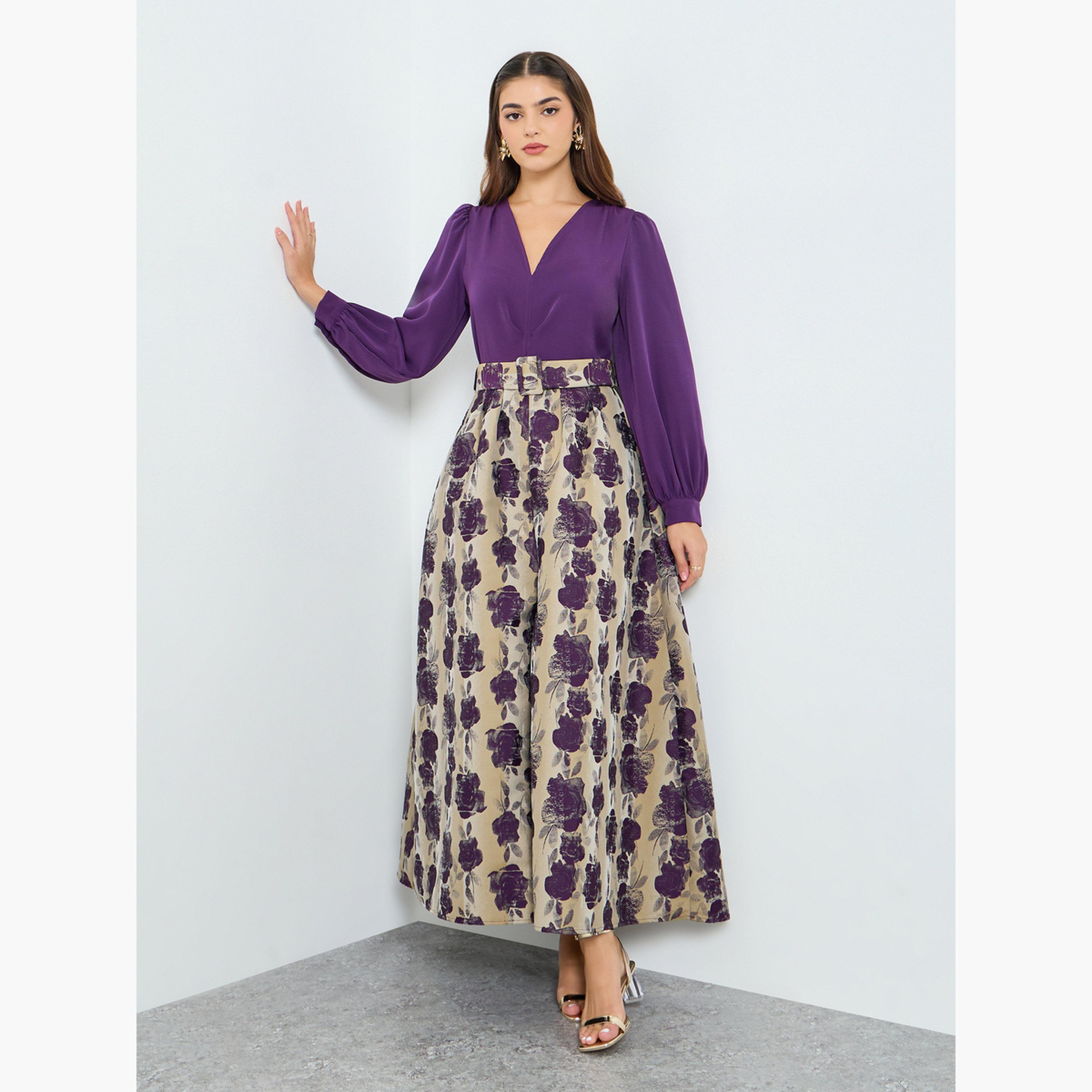 Styli Women Purple Floral Print Balloon Sleeve Maxi Dress-women-clothing-dresses-image-2