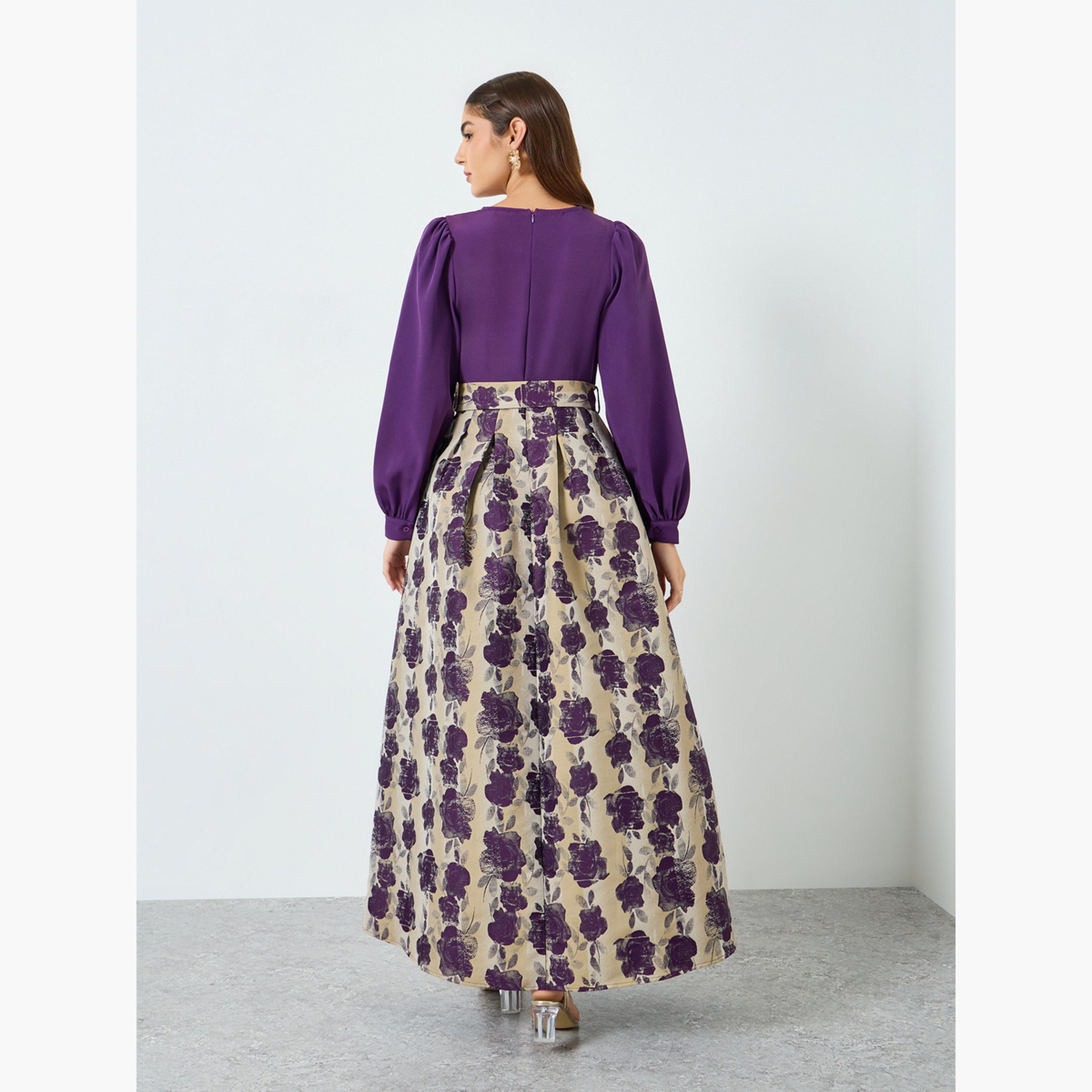 فستان طويل بأكمام بالون وطبعة أزهار-women-clothing-dresses-image-4