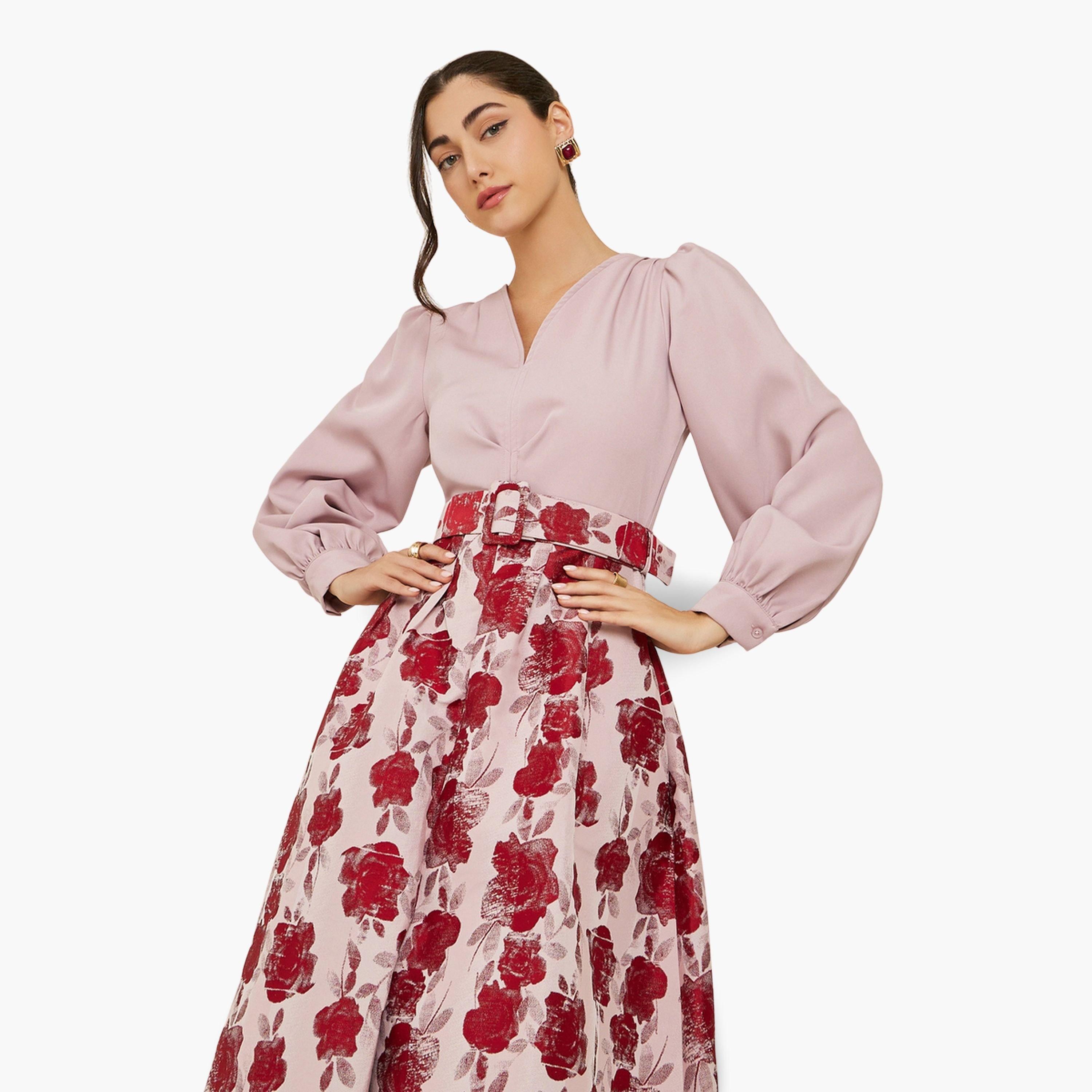 فستان طويل بطبعة زهور وأكمام منفوخة-women-clothing-dresses-image-2