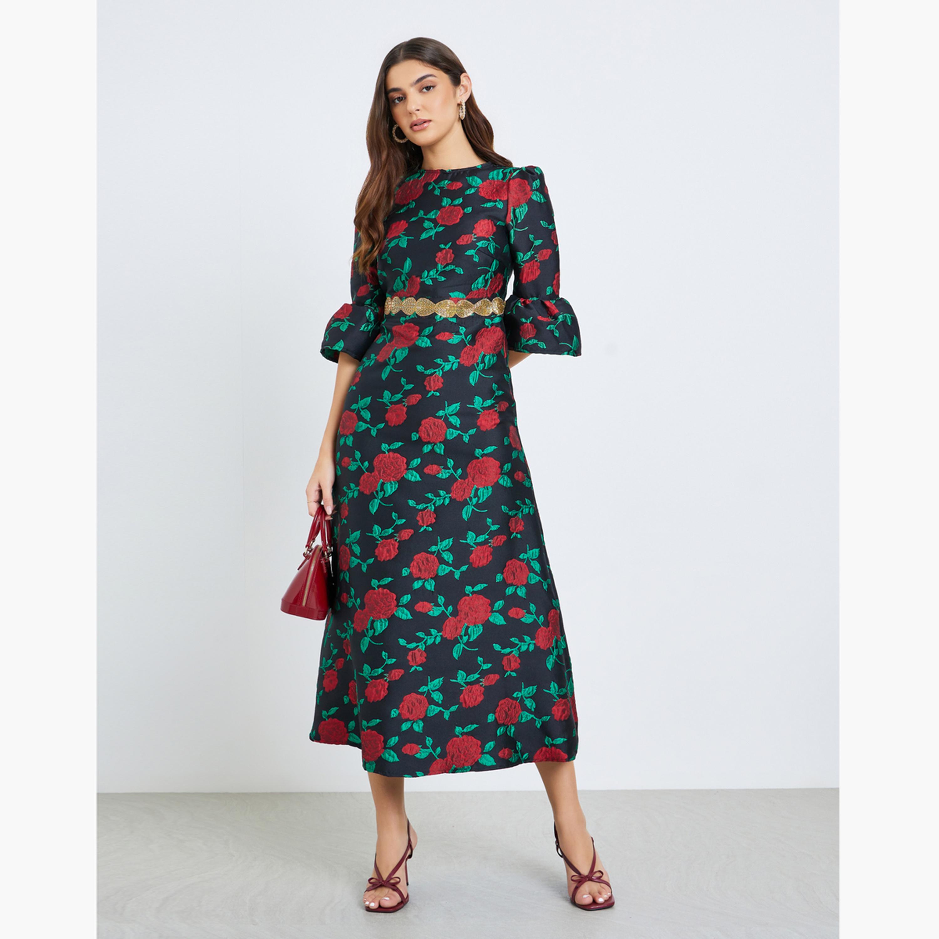 فستان ميدي نسائي مزين بنقشة زهور-women-clothing-dresses-image-1