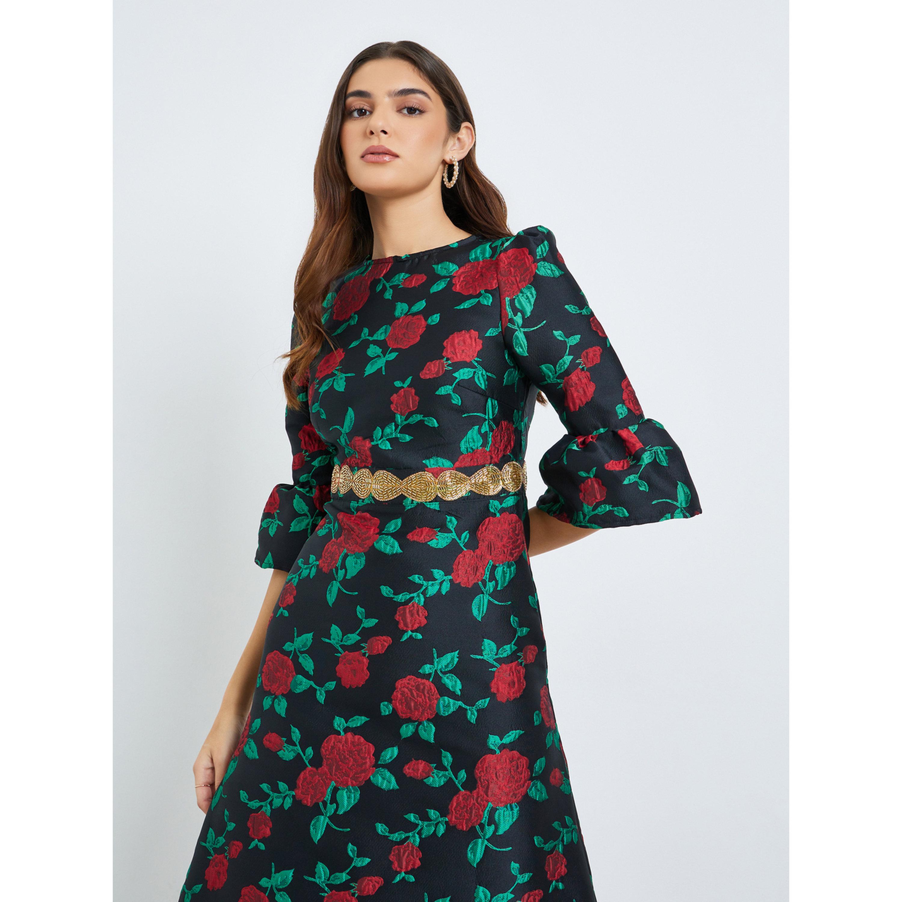 فستان ميدي نسائي مزين بنقشة زهور-women-clothing-dresses-image-2