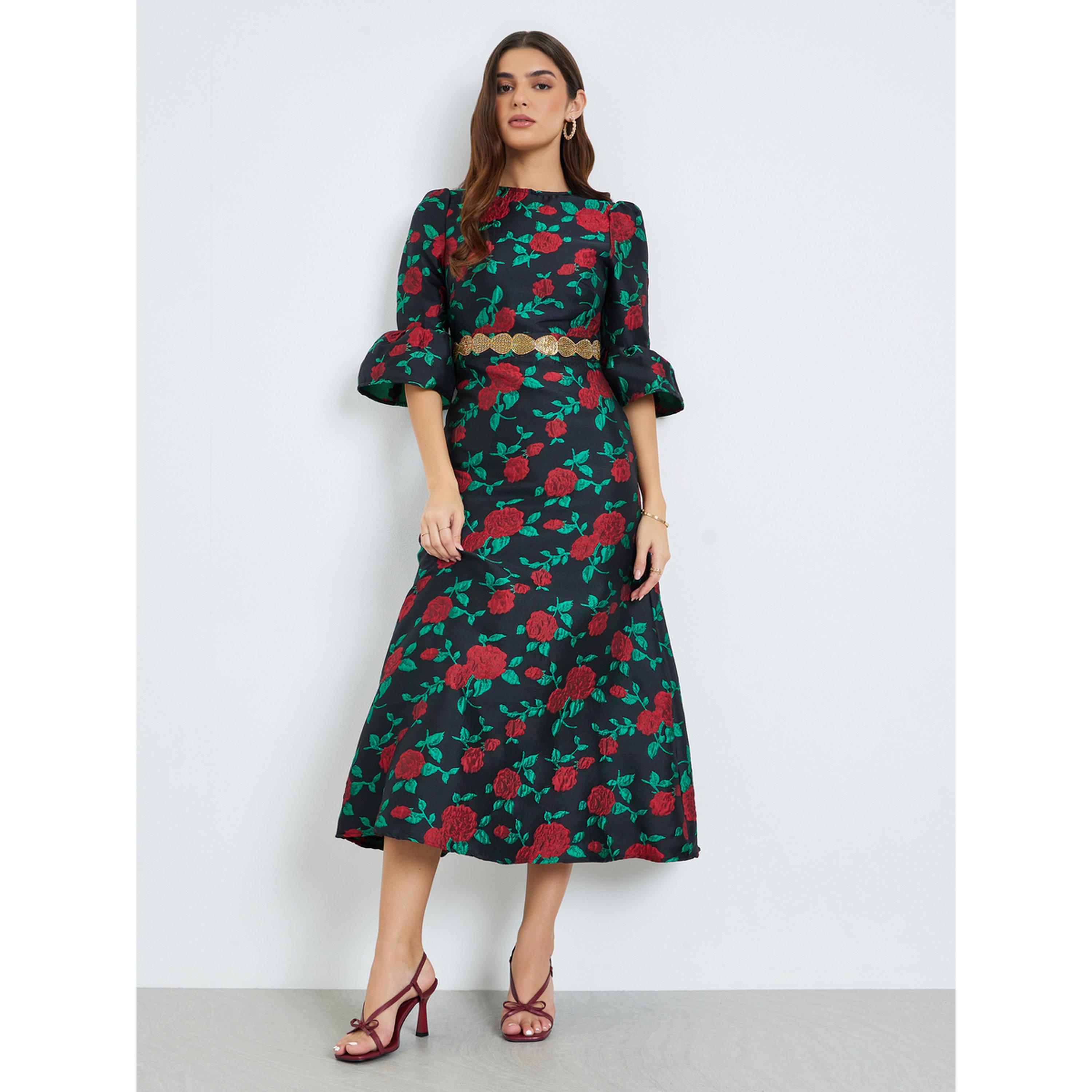 فستان ميدي نسائي مزين بنقشة زهور-women-clothing-dresses-image-3