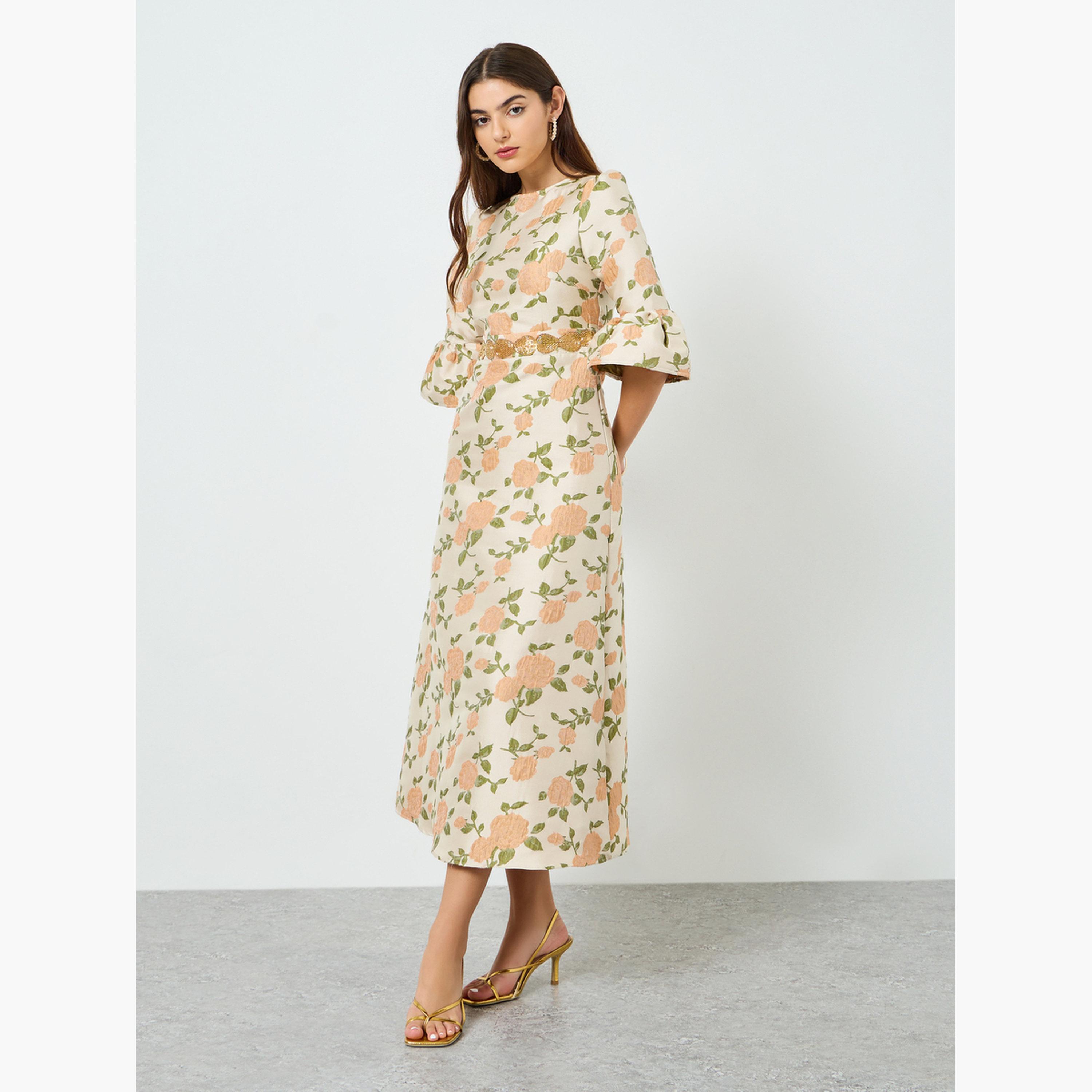 Styli Women Beige Floral Maxi Dress with 3/4 Sleeves-women-clothing-dresses-image-1