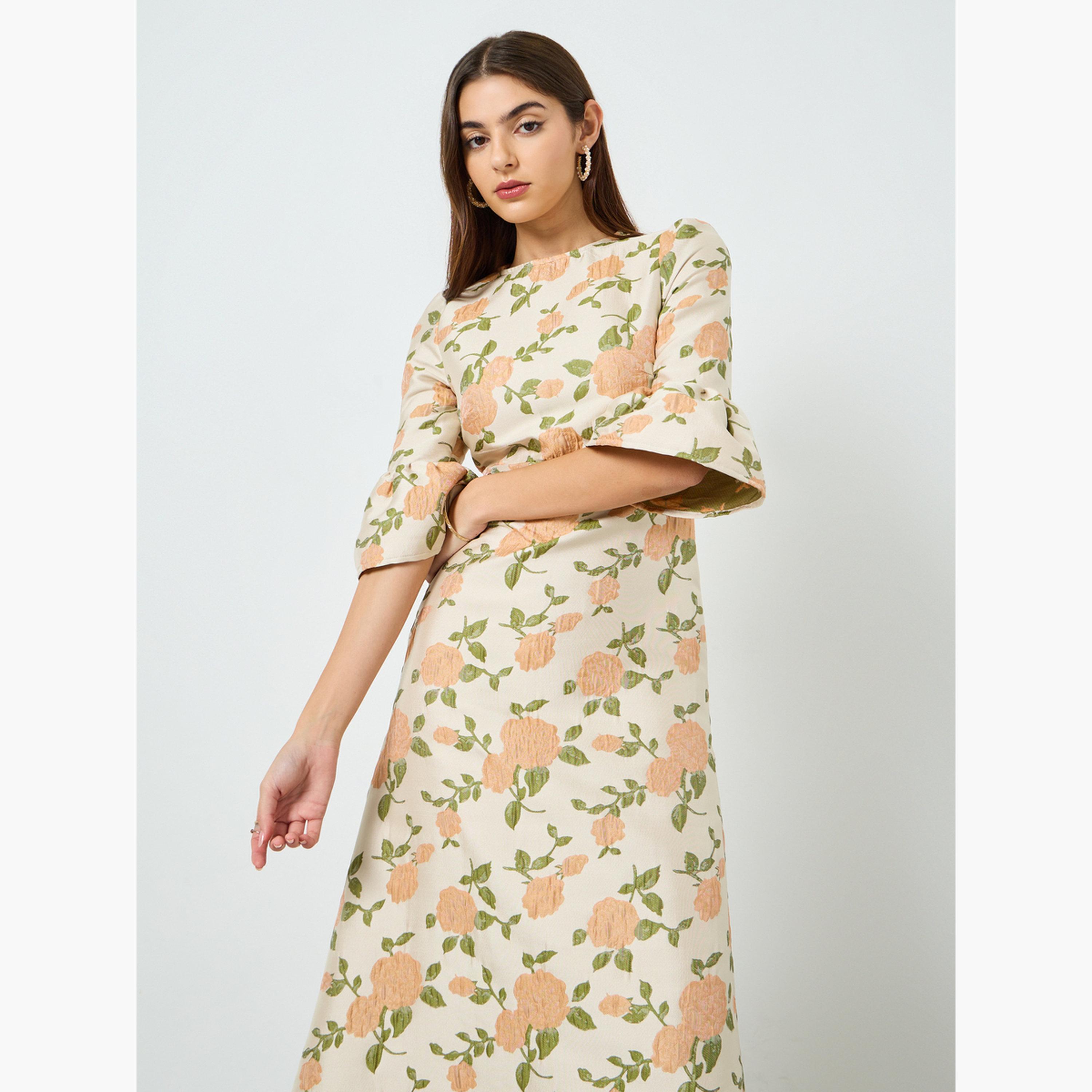 Styli Women Beige Floral Maxi Dress with 3/4 Sleeves-women-clothing-dresses-image-2