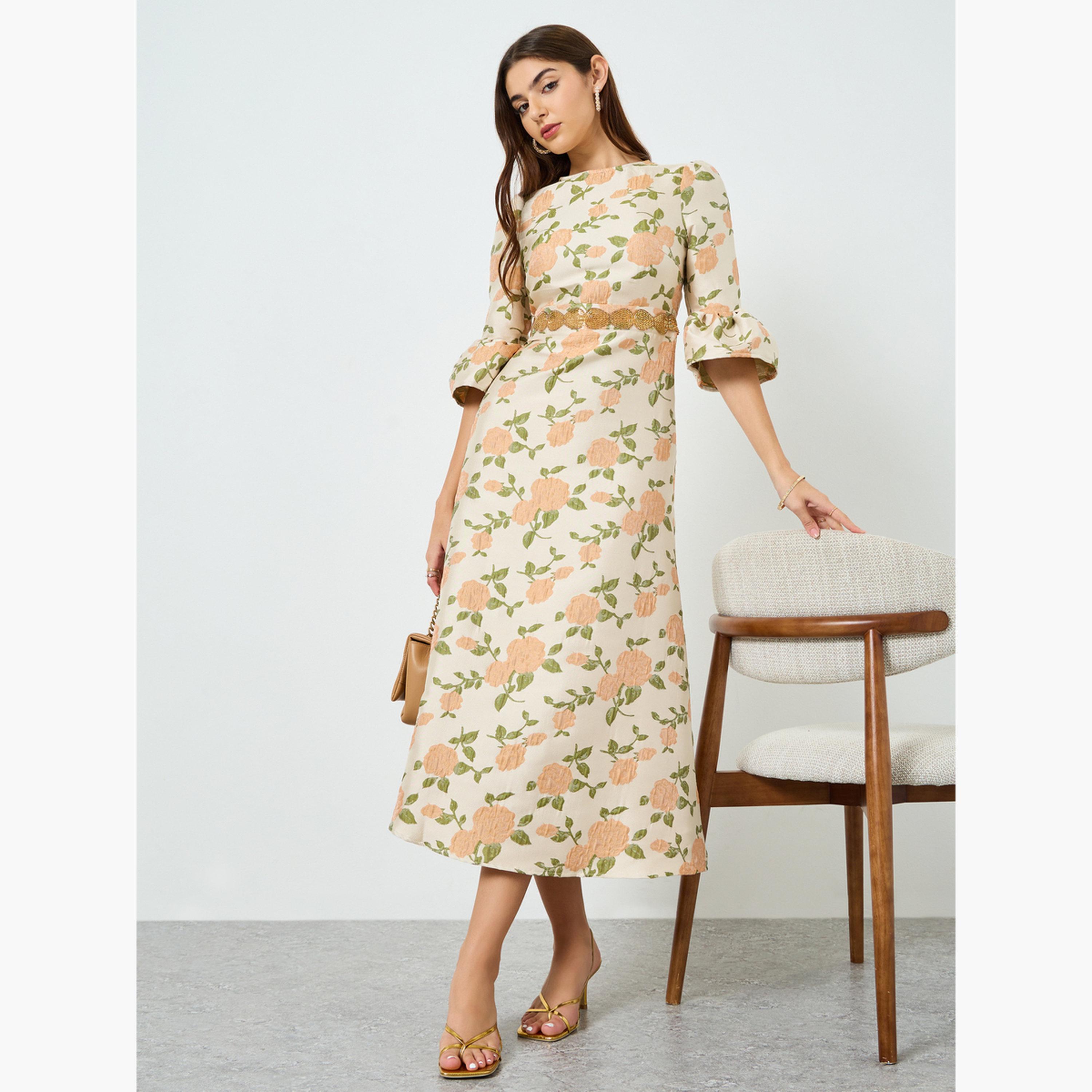 Styli Women Beige Floral Maxi Dress with 3/4 Sleeves-women-clothing-dresses-image-3