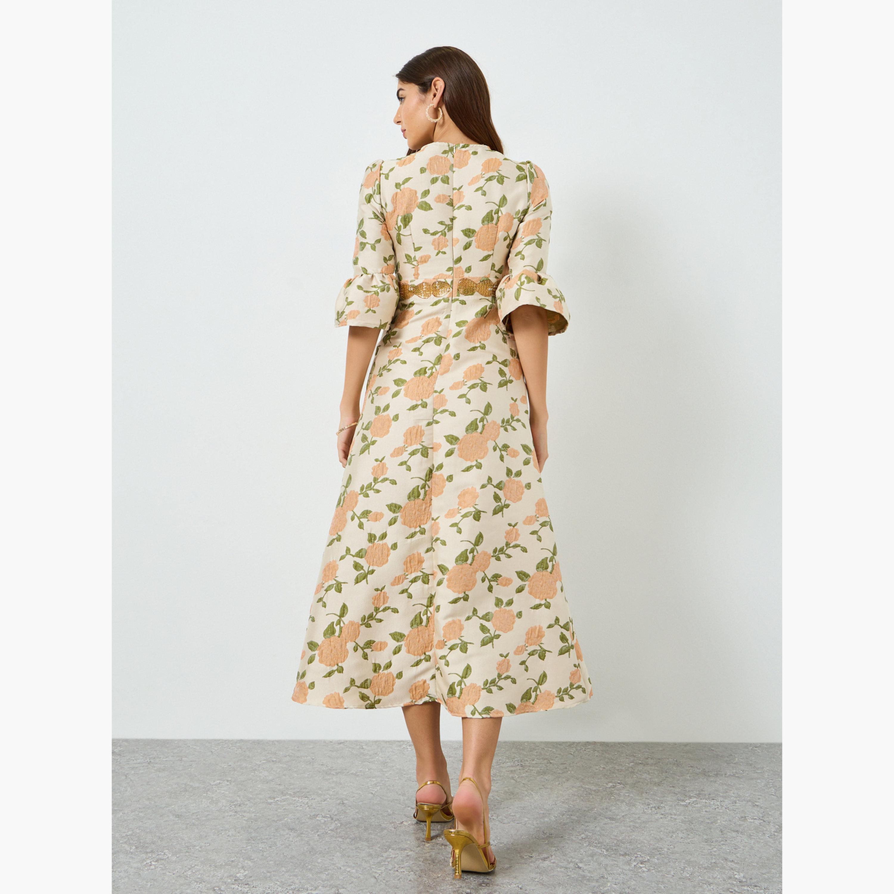Styli Women Beige Floral Maxi Dress with 3/4 Sleeves-women-clothing-dresses-image-4