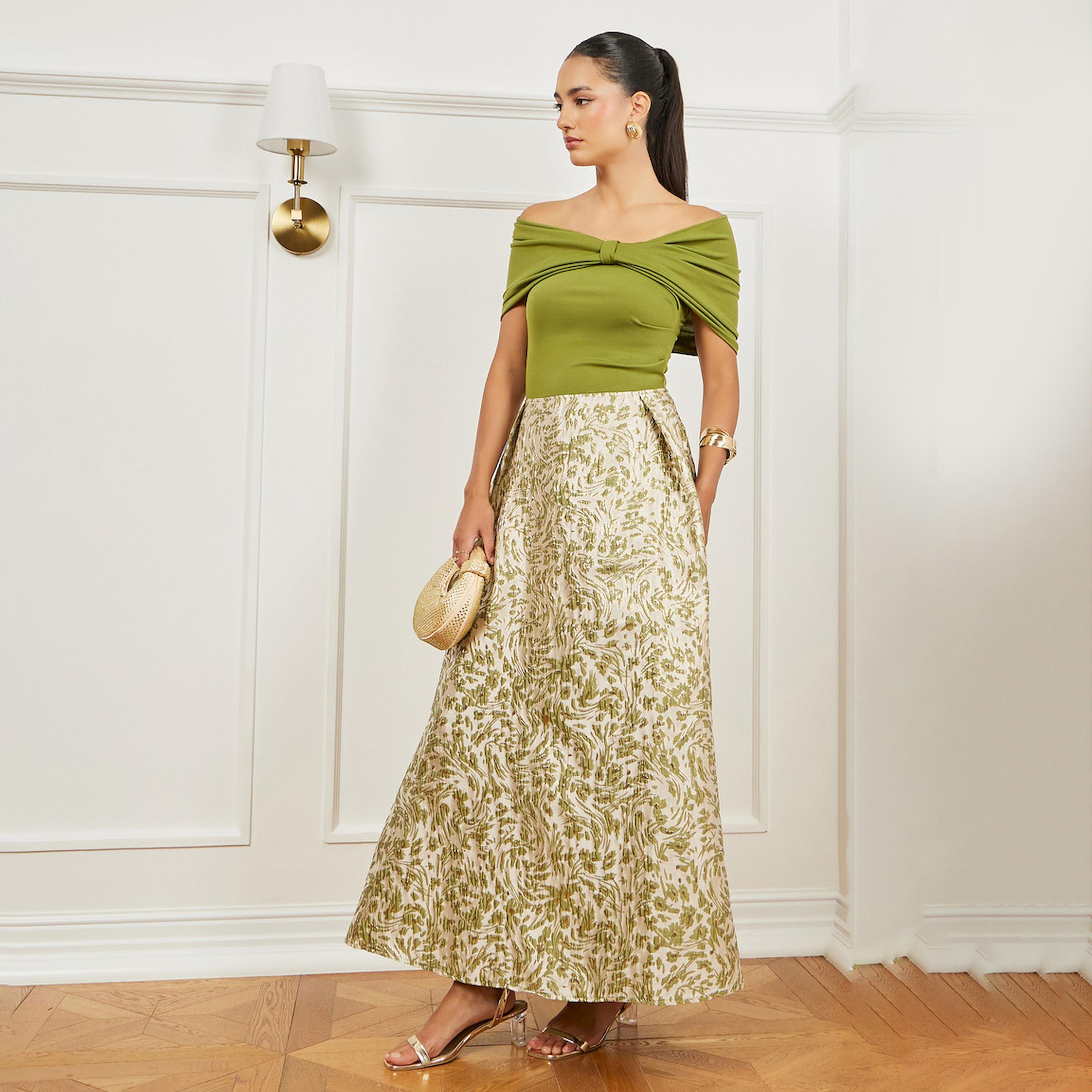 فستان طويل جاكار بأكتاف مكشوفة وحافة واسعة-women-clothing-dresses-image-1
