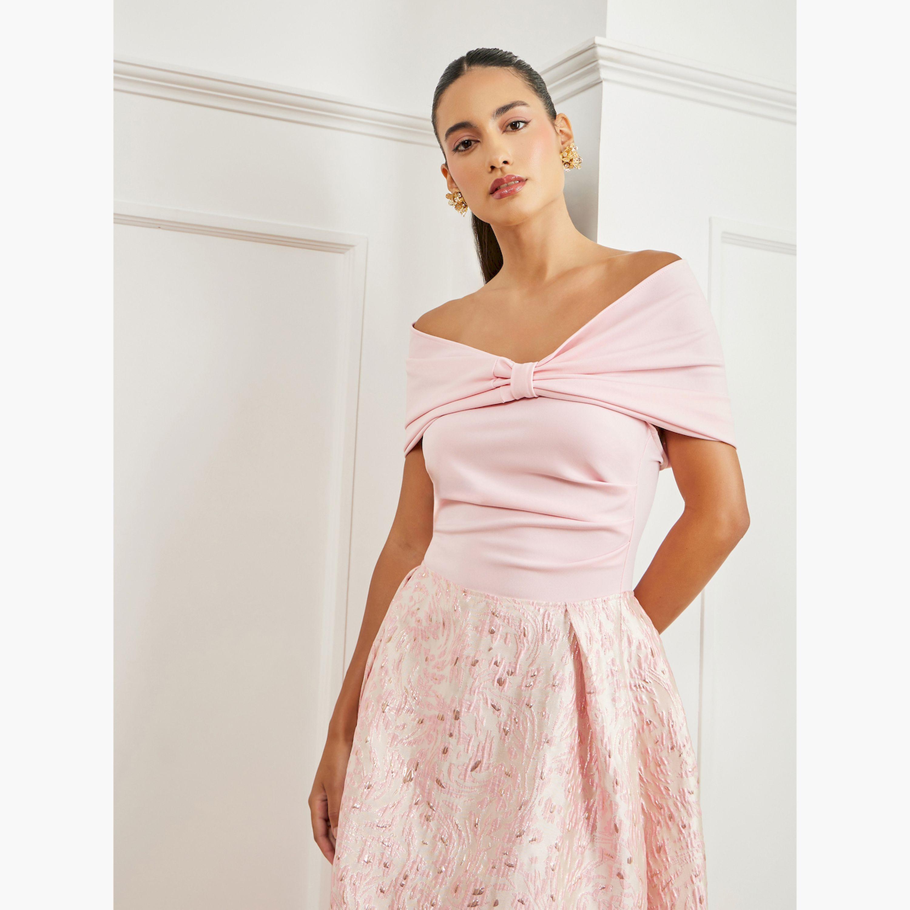 Styli Pink Jacquard Off-Shoulder A-Line Maxi Dress-women-clothing-dresses-image-2