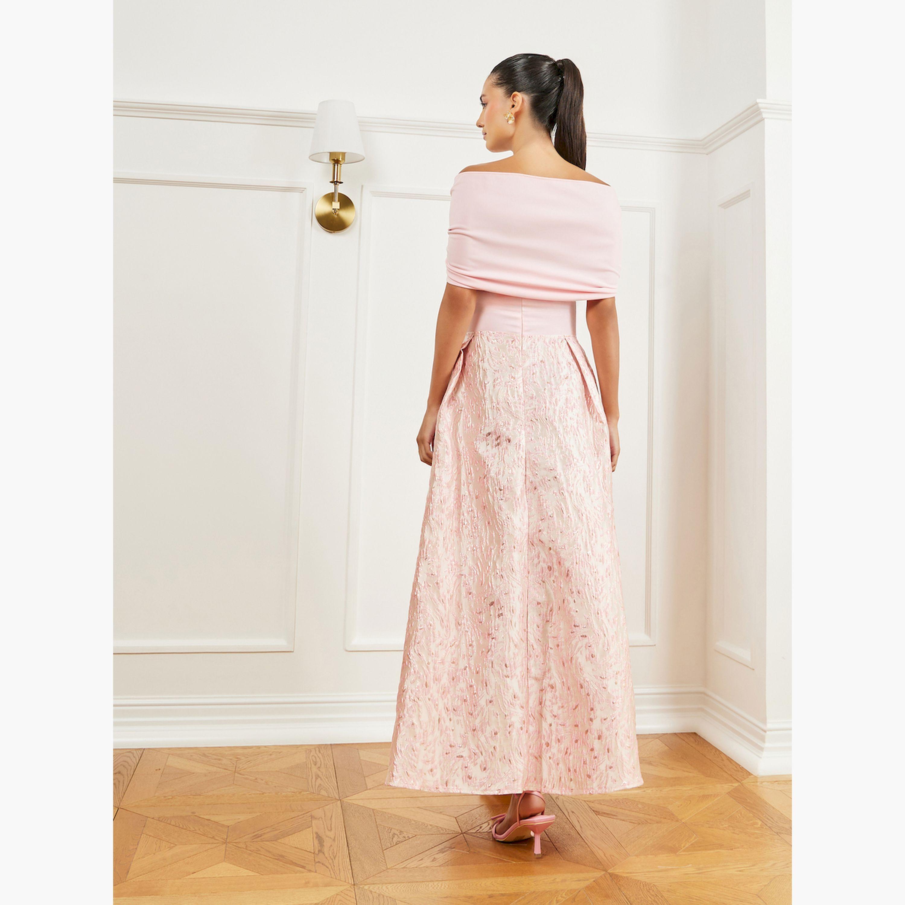 Styli Pink Jacquard Off-Shoulder A-Line Maxi Dress-women-clothing-dresses-image-4