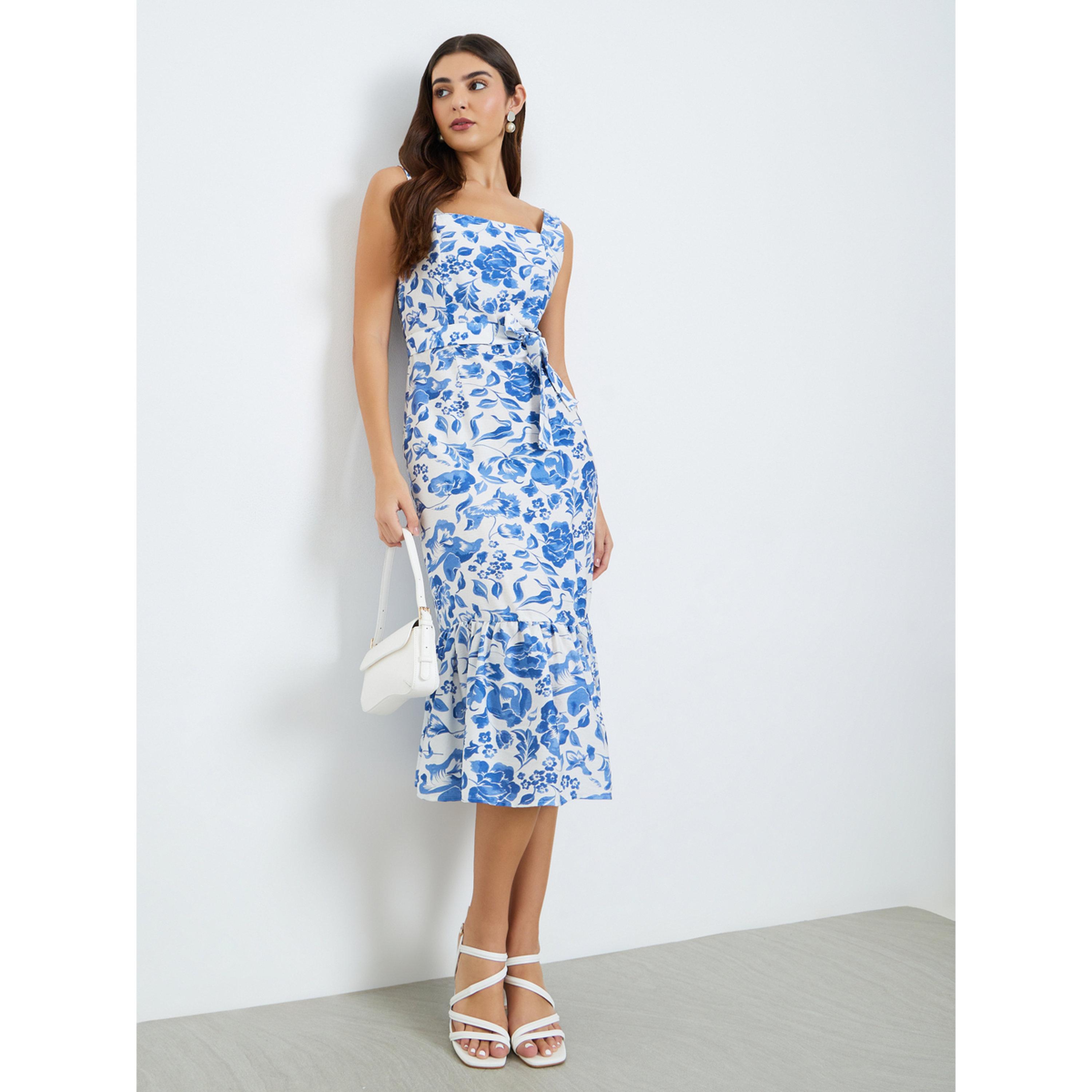 Styli Women Blue Floral Print Strappy A-Line Midi Dress-women-clothing-dresses-image-1