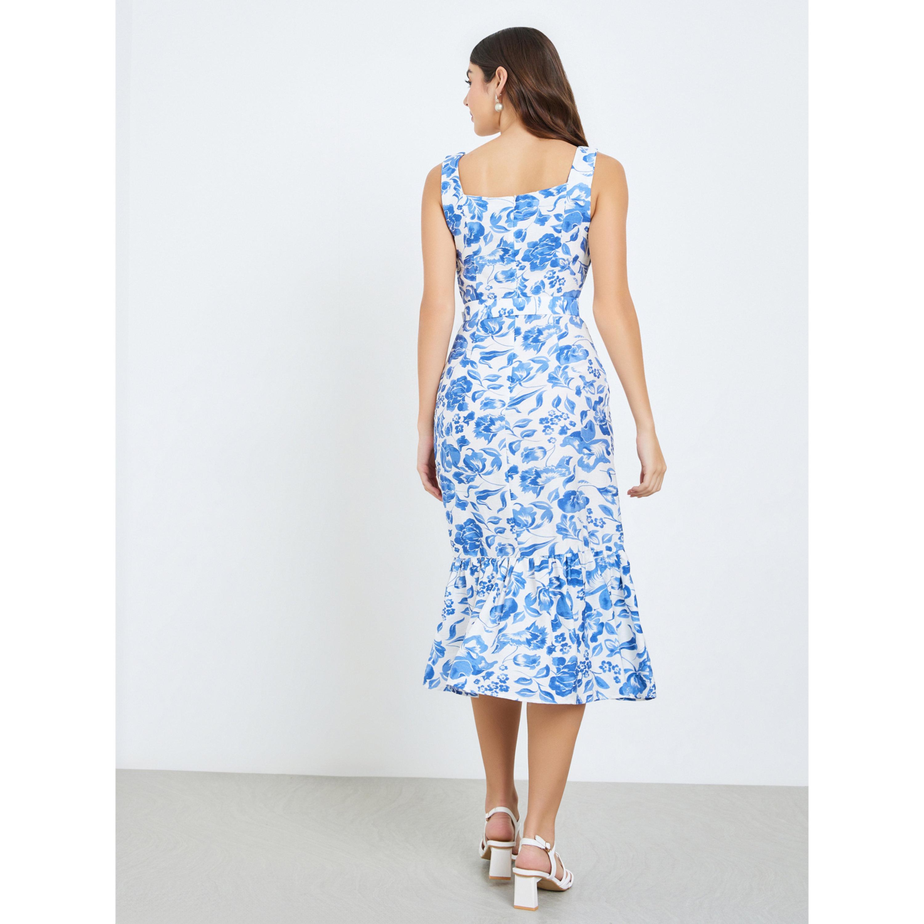 Styli Women Blue Floral Print Strappy A-Line Midi Dress-women-clothing-dresses-image-4