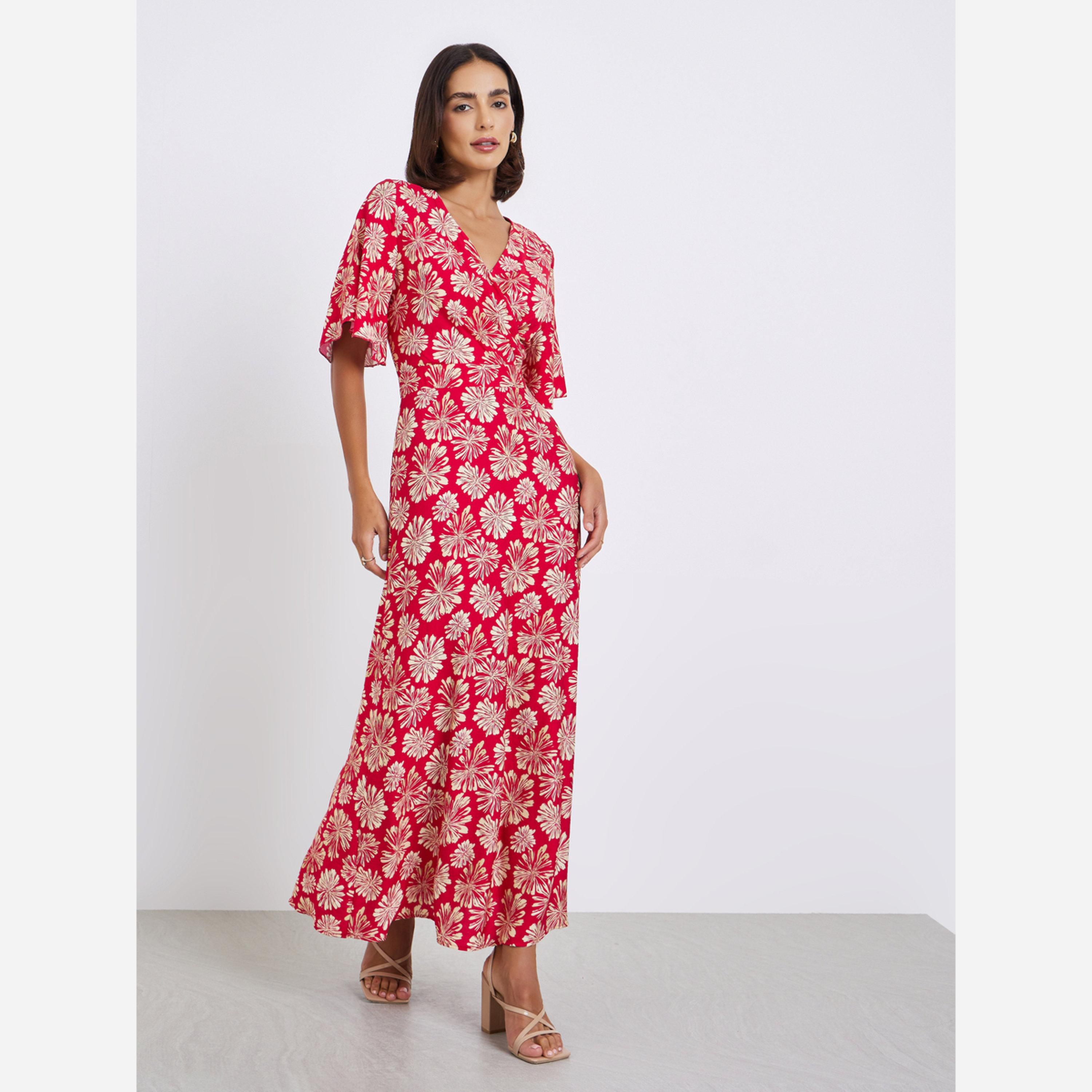 ستايلي - فستان متوسط الطول تصميم A وأكمام نصفية مزينة بالزهور-women-clothing-dresses-image-1