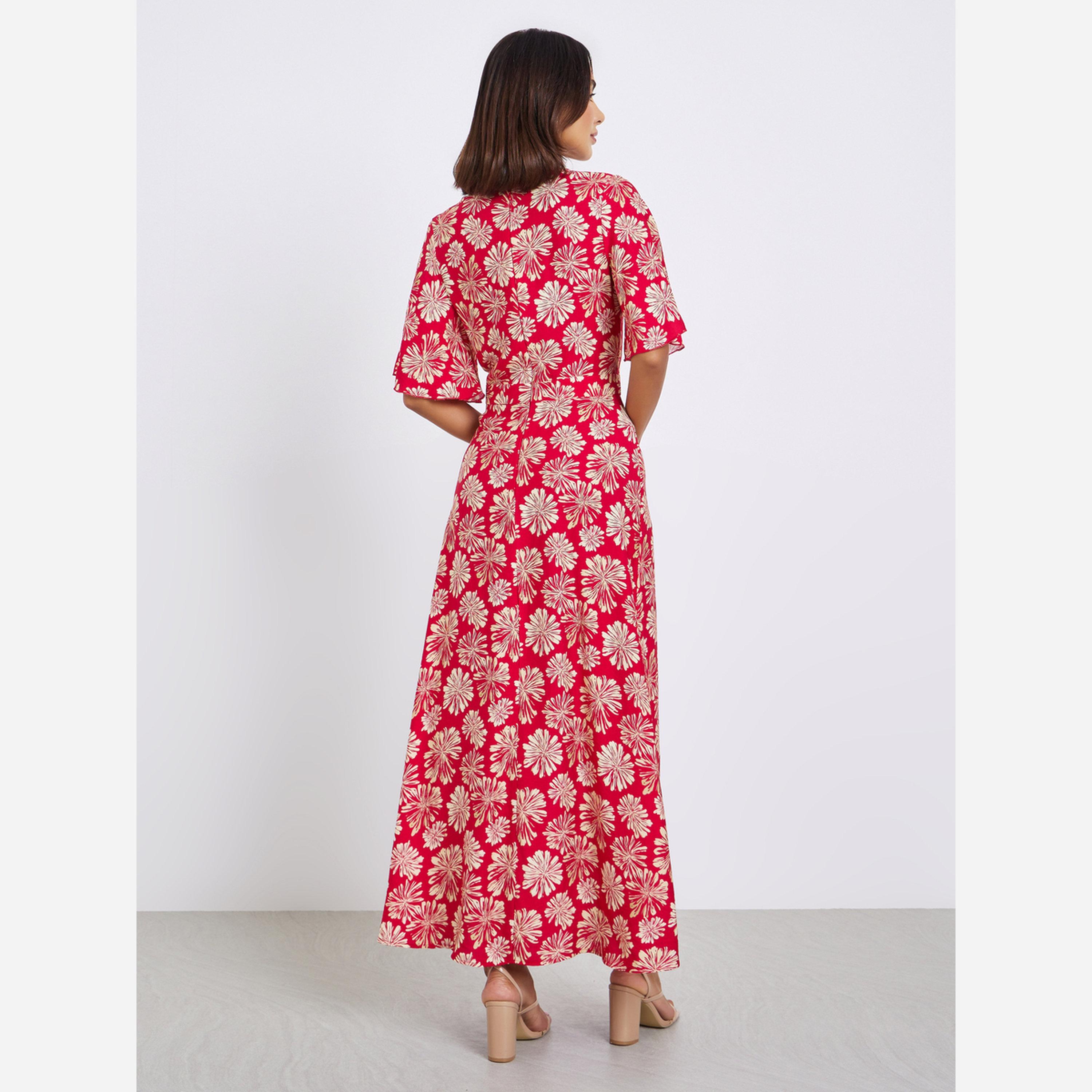 ستايلي - فستان متوسط الطول تصميم A وأكمام نصفية مزينة بالزهور-women-clothing-dresses-image-5