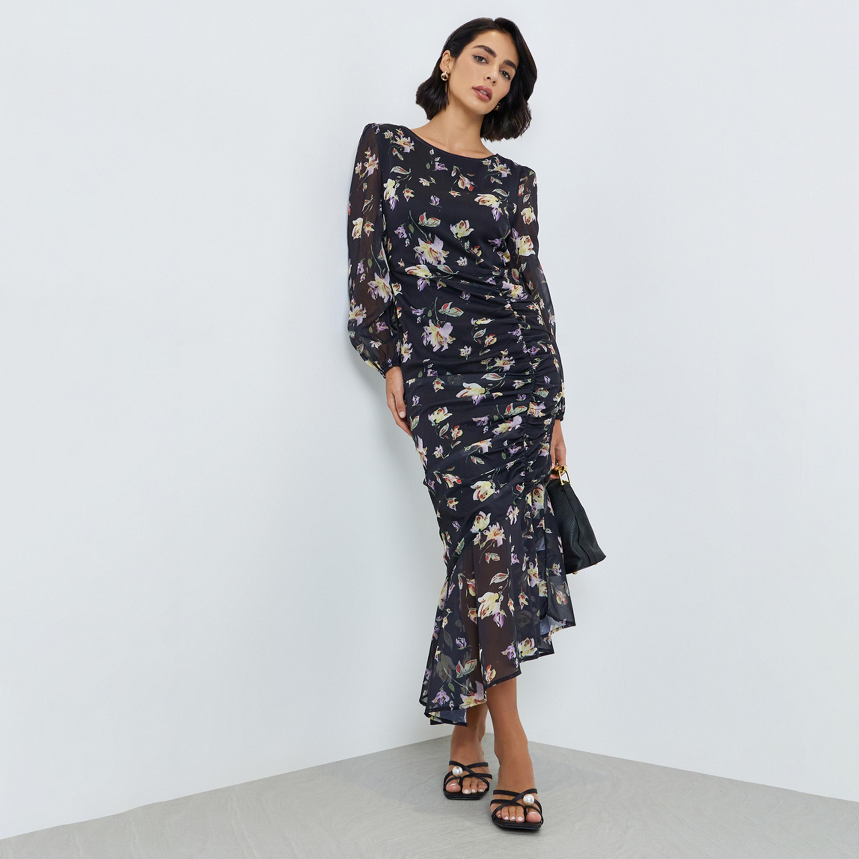 Styli Women Floral Print Ruffled Hem Maxi Dress-women-clothing-dresses-image-1