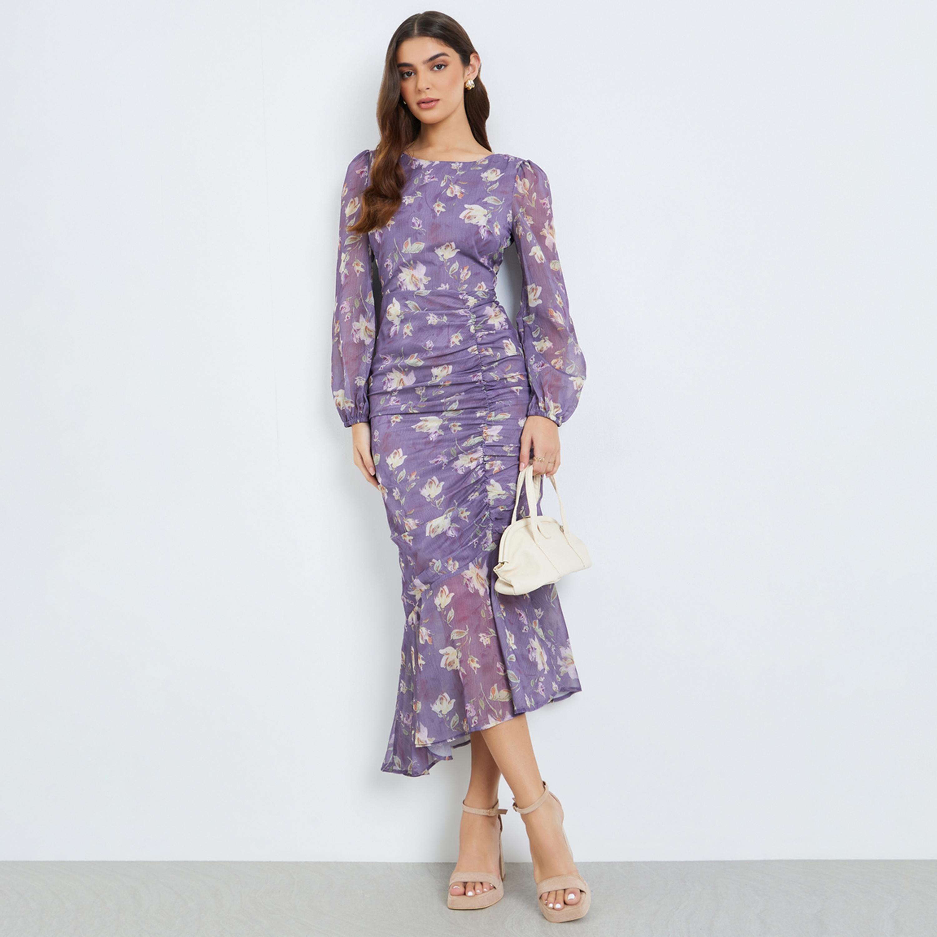 فستان ميدي نسائي بقصة حورية البحر وأكمام منفوخة ونقشة زهور-women-clothing-dresses-image-1