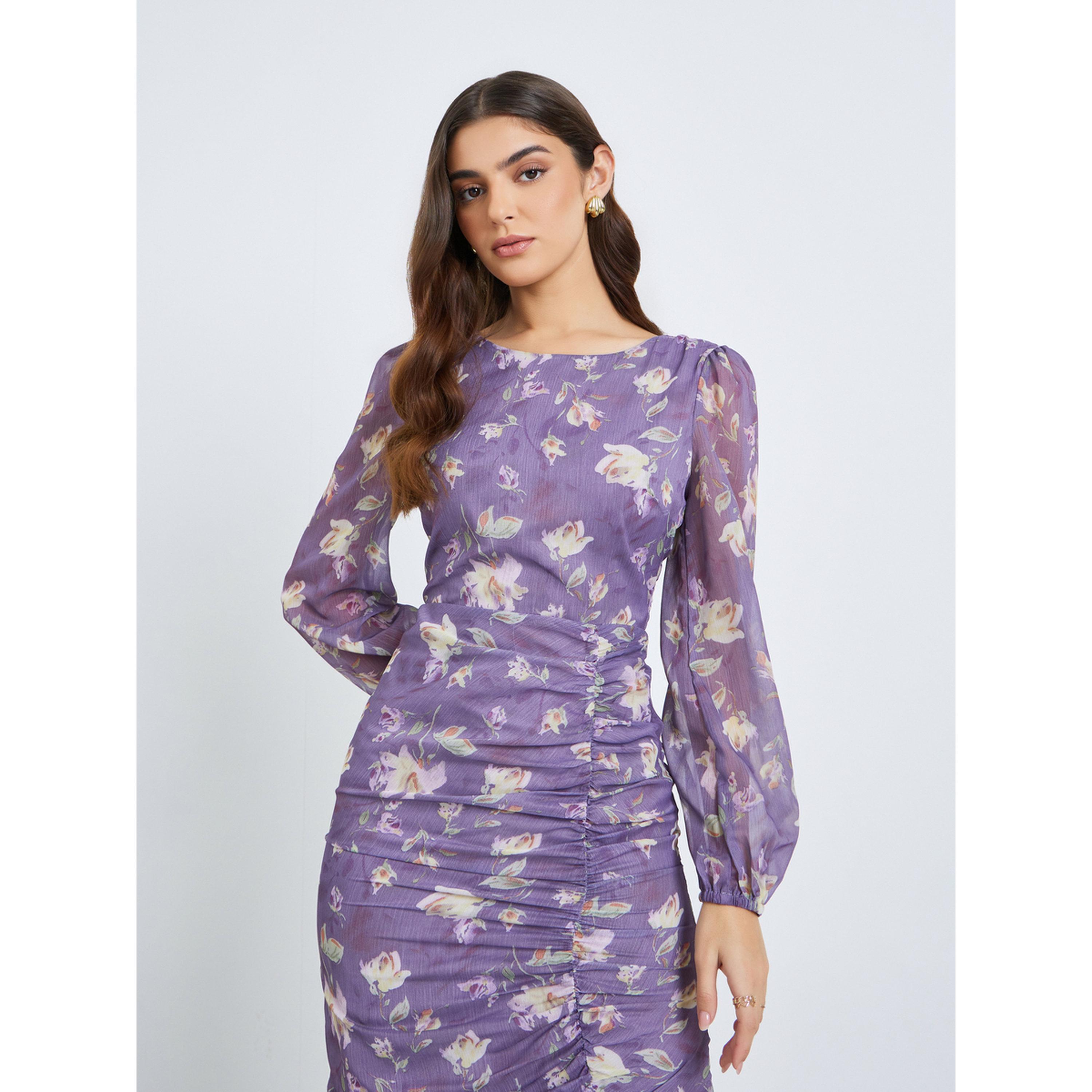 فستان ميدي نسائي بقصة حورية البحر وأكمام منفوخة ونقشة زهور-women-clothing-dresses-image-2