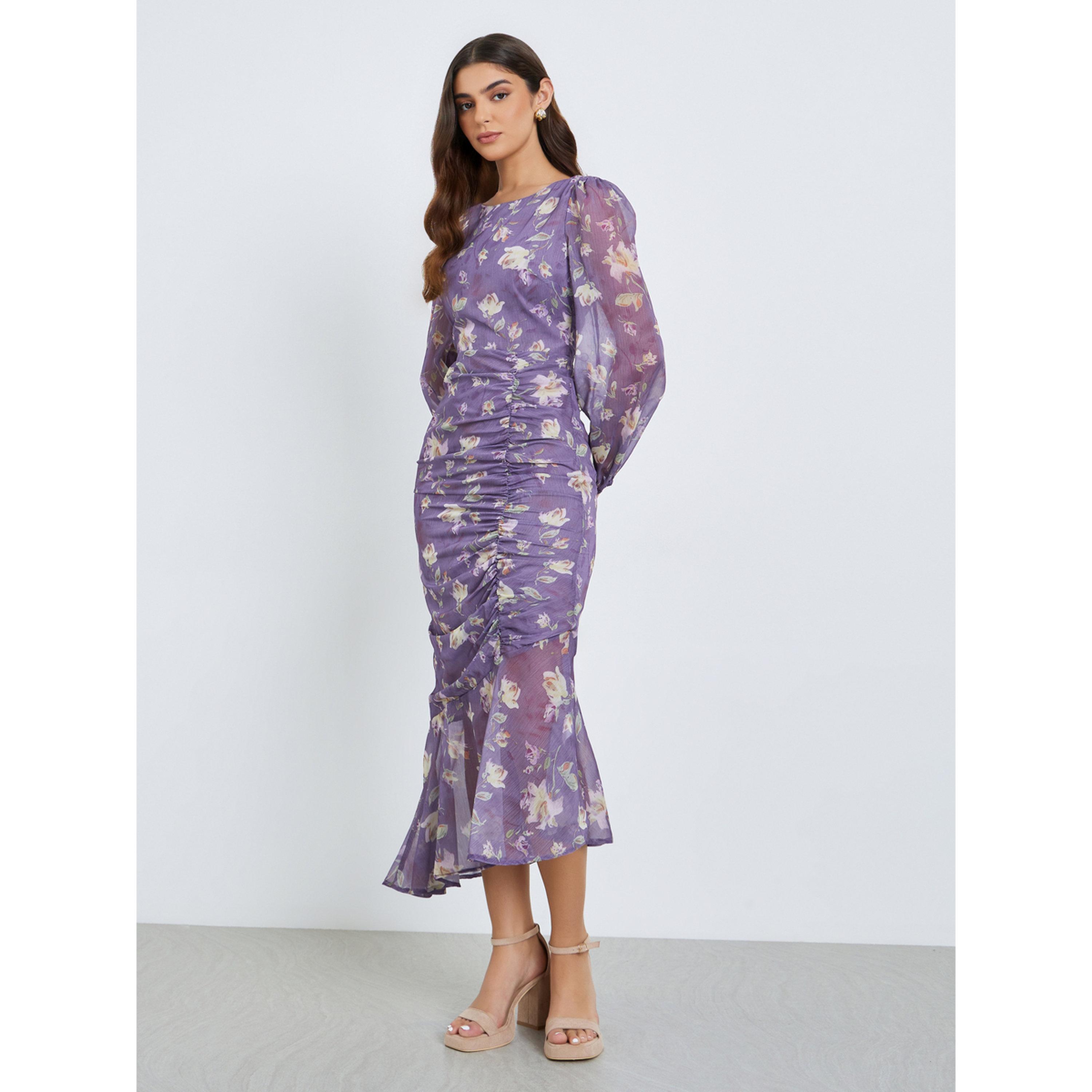 فستان ميدي نسائي بقصة حورية البحر وأكمام منفوخة ونقشة زهور-women-clothing-dresses-image-3