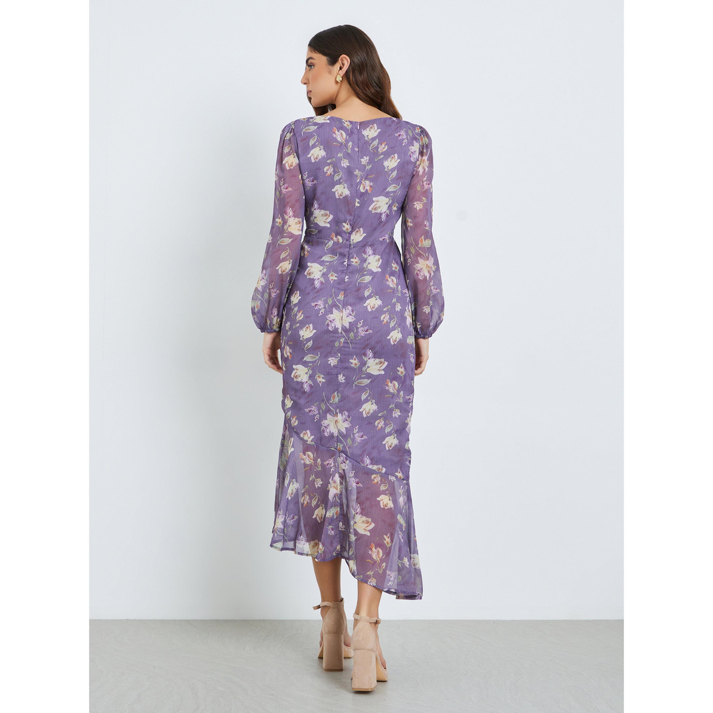 فستان ميدي نسائي بقصة حورية البحر وأكمام منفوخة ونقشة زهور-women-clothing-dresses-image-4