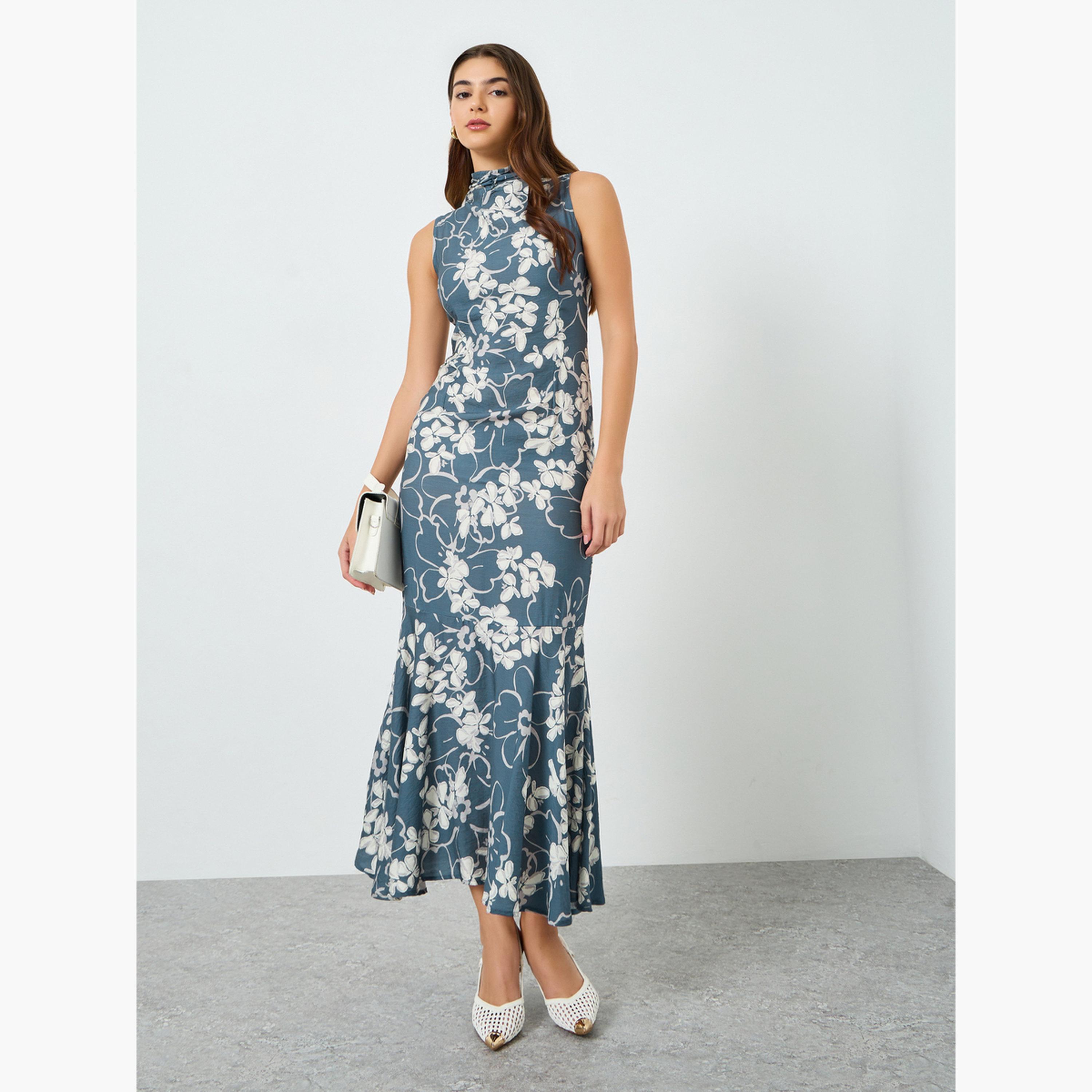 Styli Women Blue Floral Sleeveless Mermaid Hem Maxi Dress-women-clothing-dresses-image-1