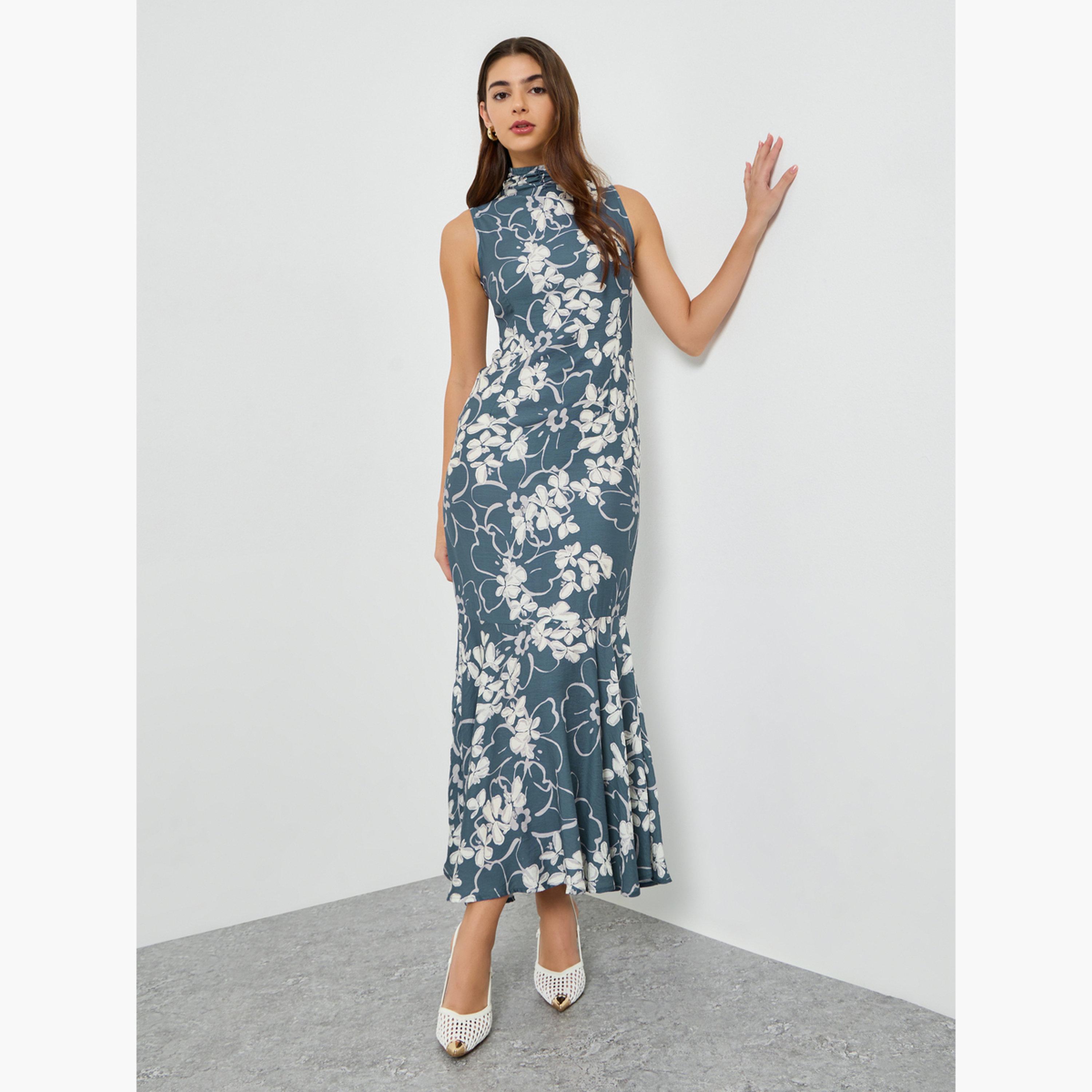 Styli Women Blue Floral Sleeveless Mermaid Hem Maxi Dress-women-clothing-dresses-image-3