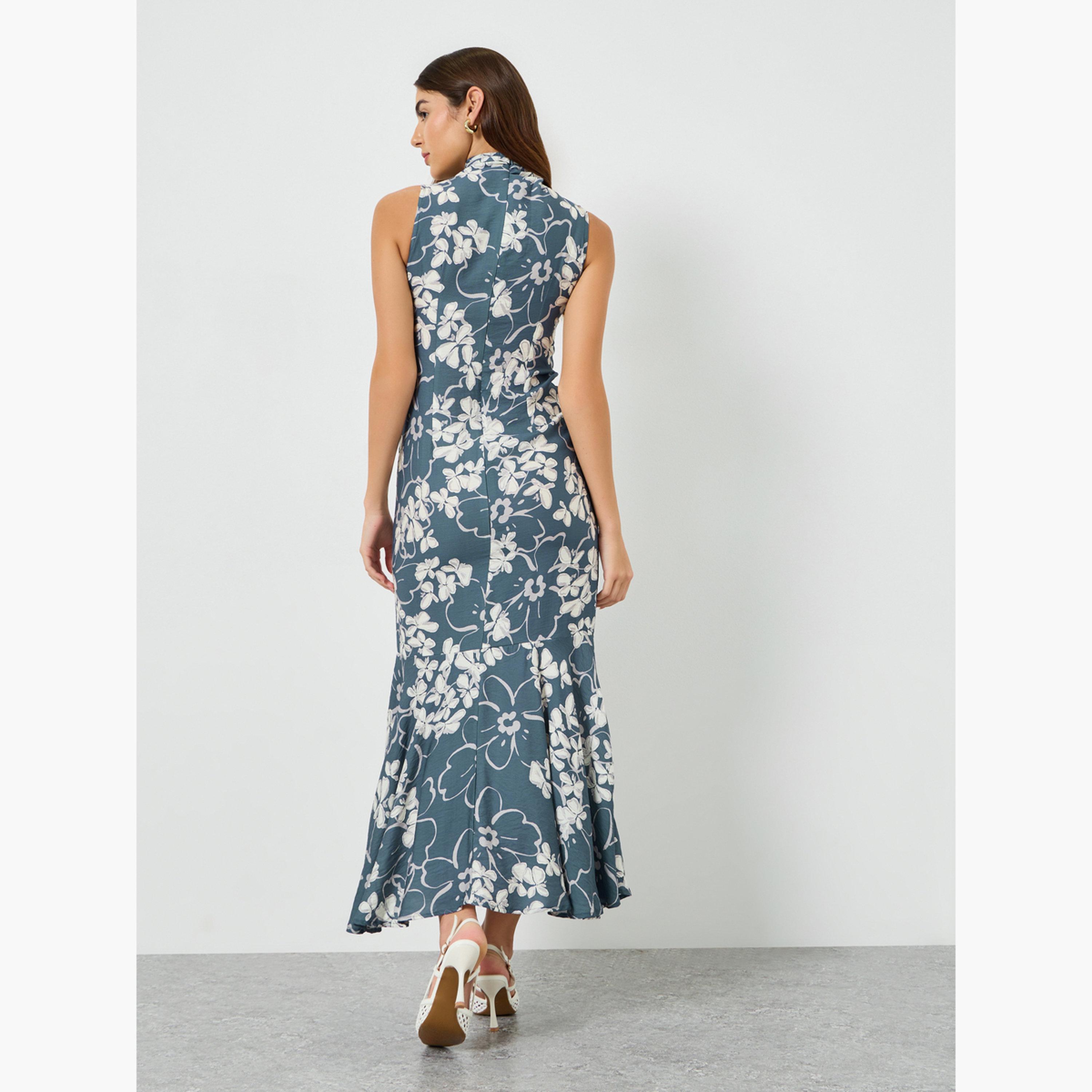 Styli Women Blue Floral Sleeveless Mermaid Hem Maxi Dress-women-clothing-dresses-image-4