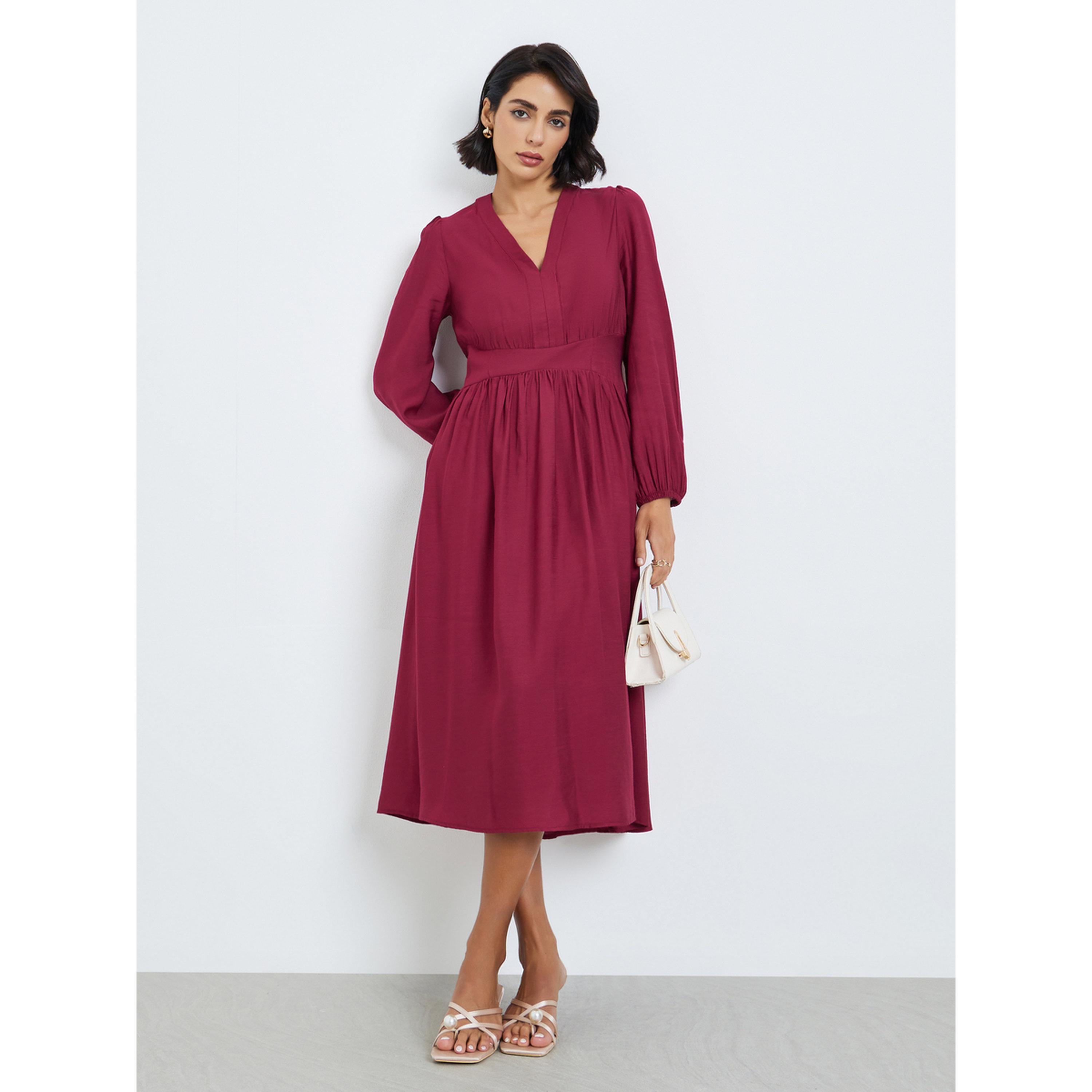 فستان ميدي نسائي بأكمام منفوخة وحافة واسعة-women-clothing-dresses-image-1