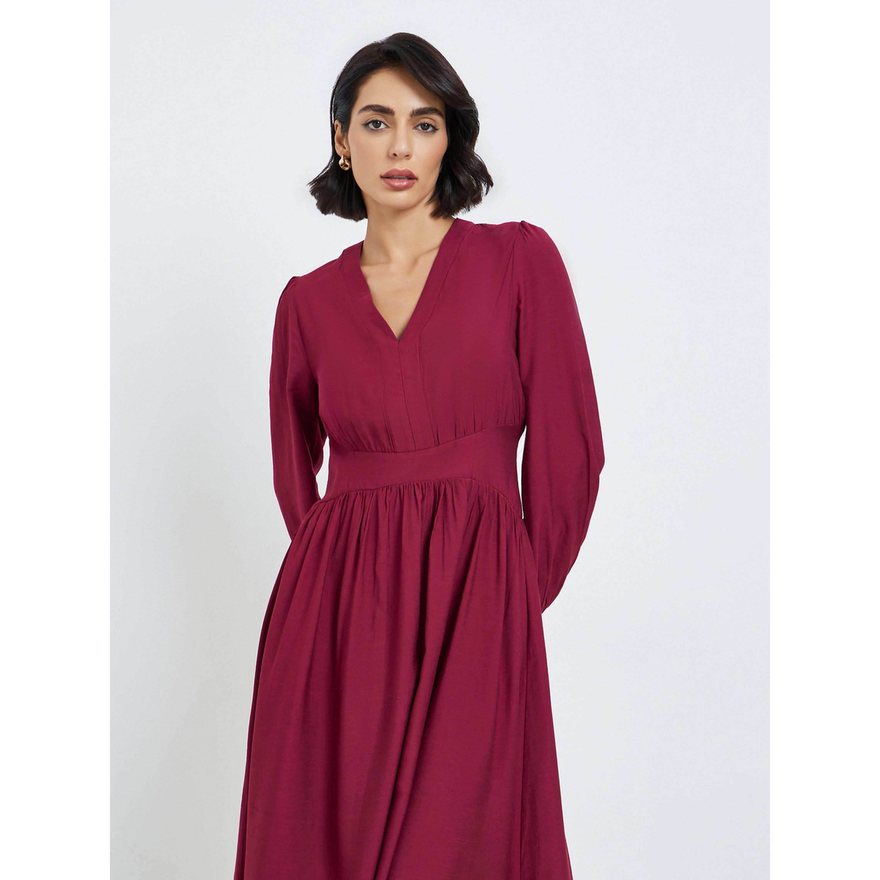 فستان ميدي نسائي بأكمام منفوخة وحافة واسعة-women-clothing-dresses-image-2