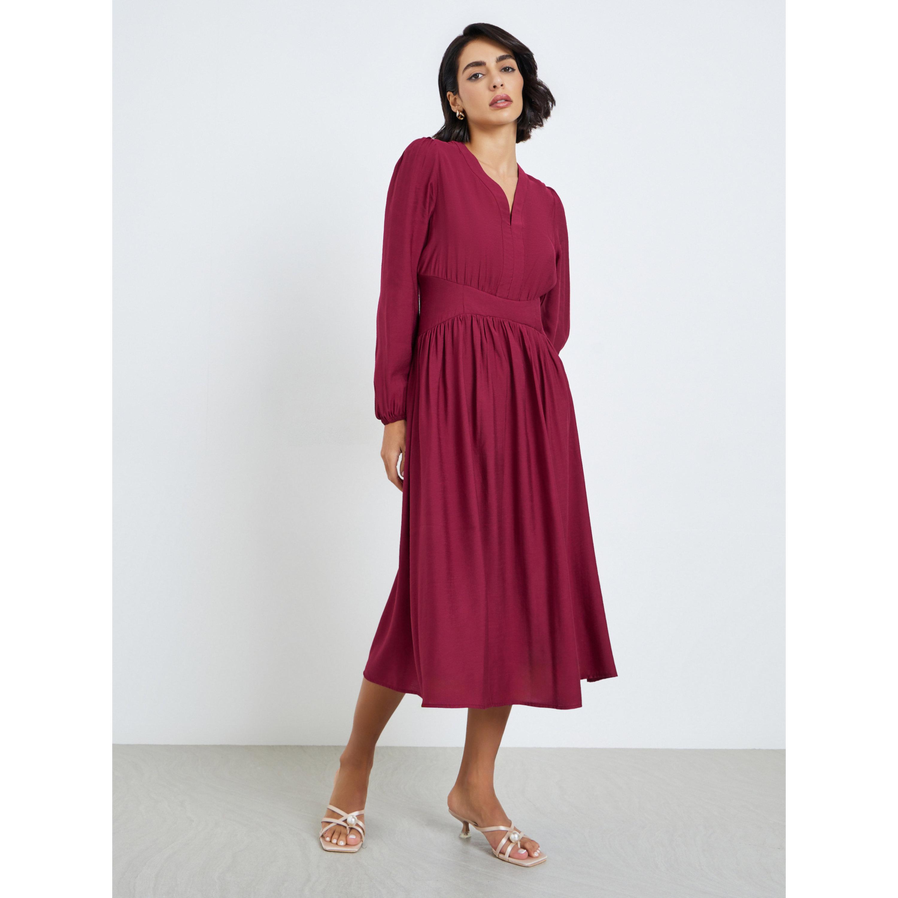 فستان ميدي نسائي بأكمام منفوخة وحافة واسعة-women-clothing-dresses-image-3