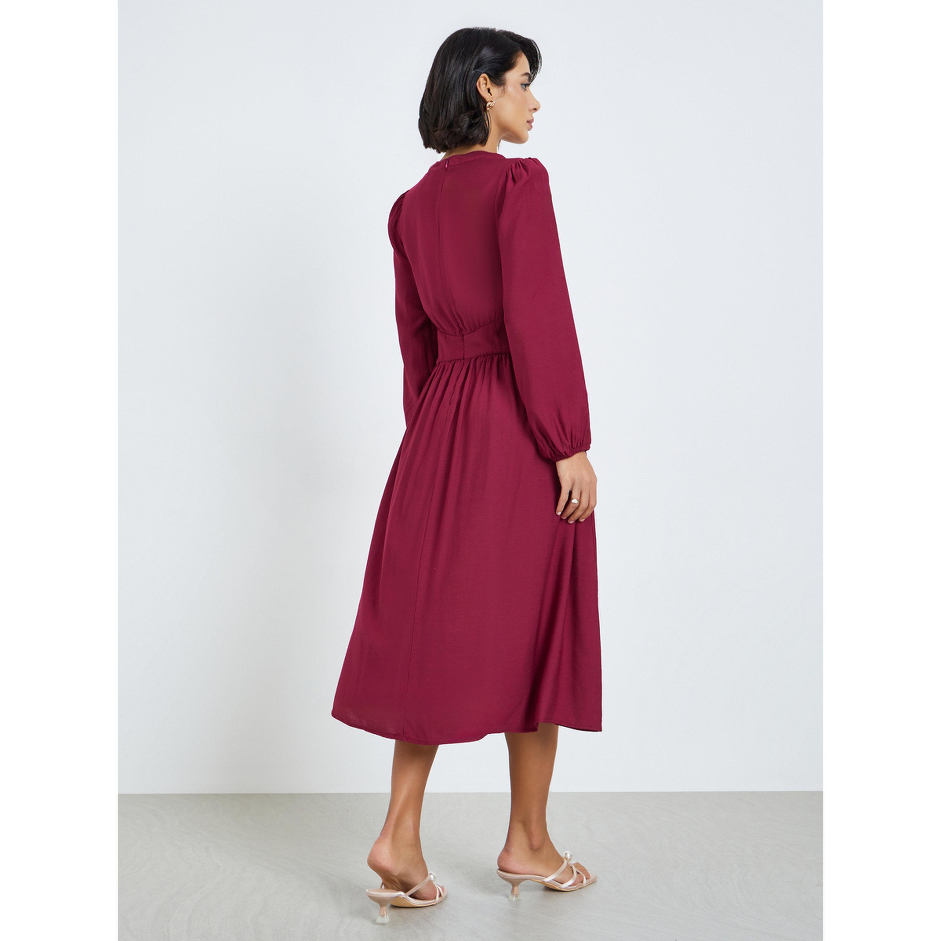فستان ميدي نسائي بأكمام منفوخة وحافة واسعة-women-clothing-dresses-image-4