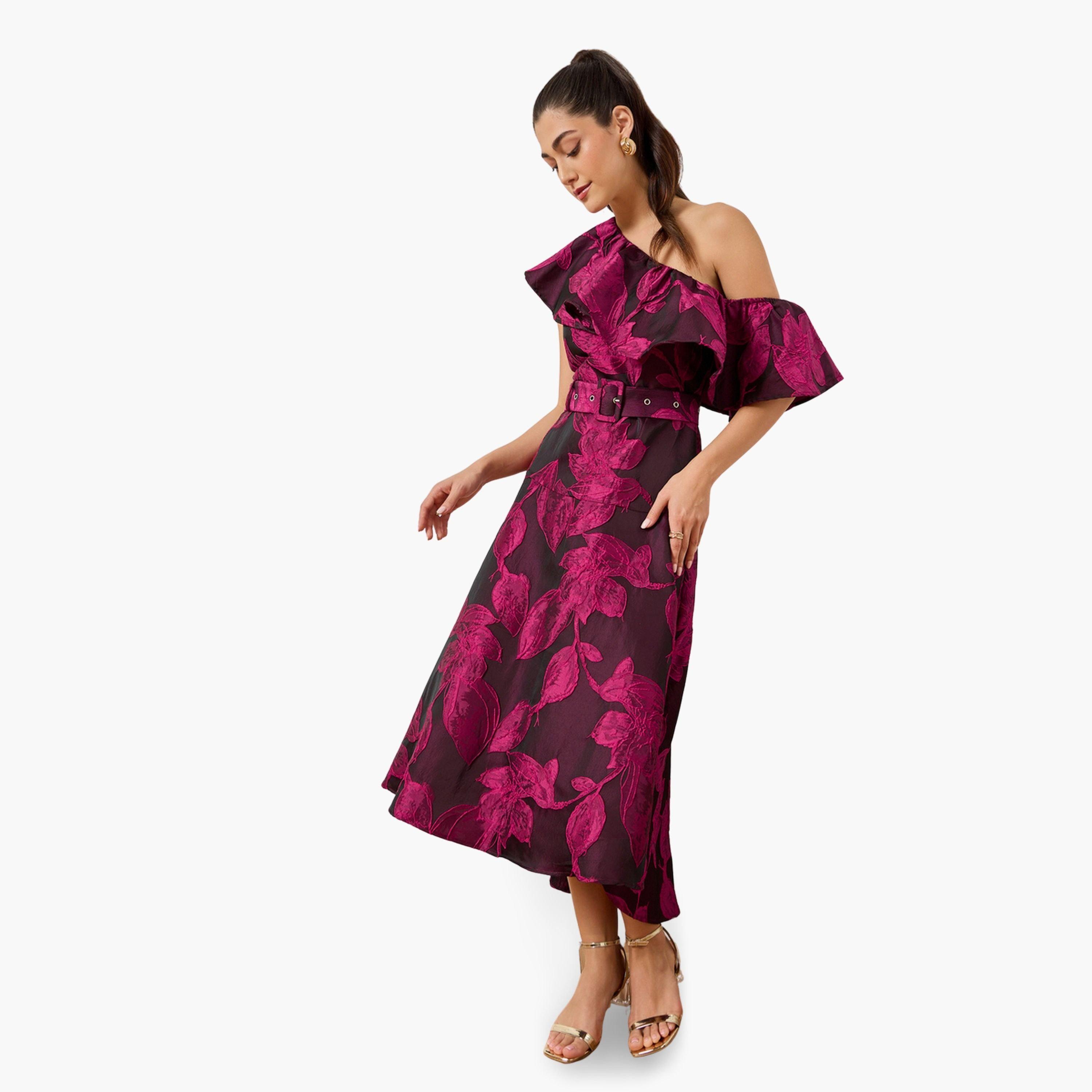 فستان ميدي بكتف واحد وطبعة زهور-women-clothing-dresses-image-1