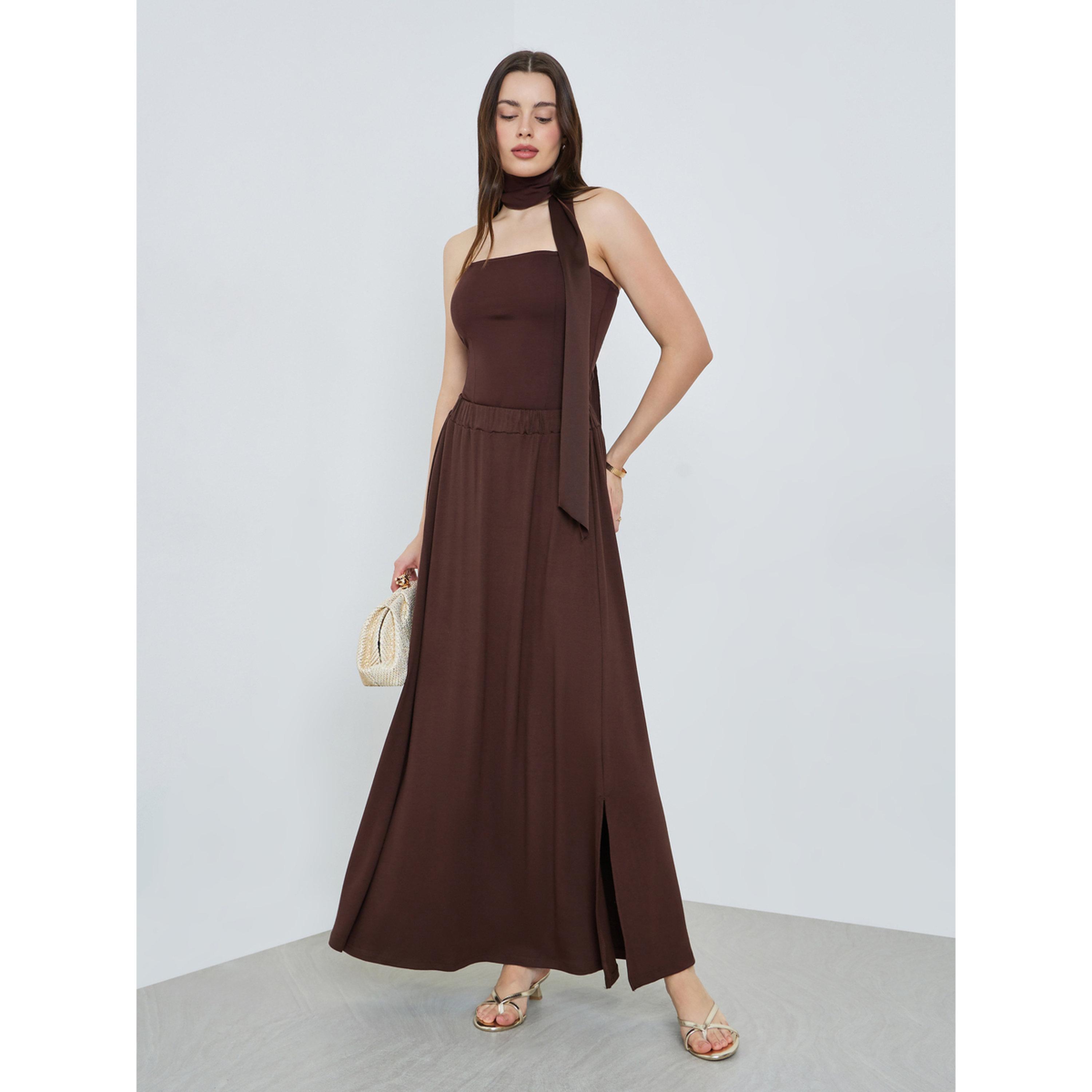 Styli Women Brown Maxi Skirt with Side Slit-women-clothing-bottoms-skirts-image-2