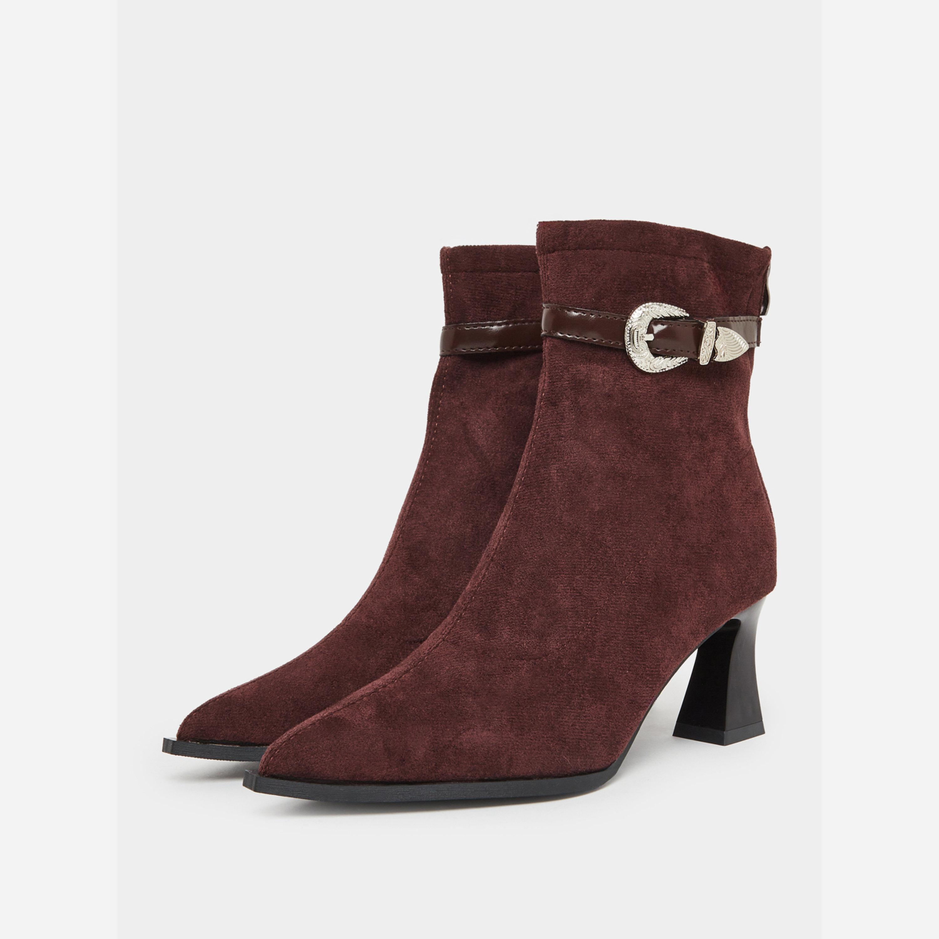 Take Two Women Burgundy Suede Buckle Detail Ankle Boots-women-shoes-boots-image-1