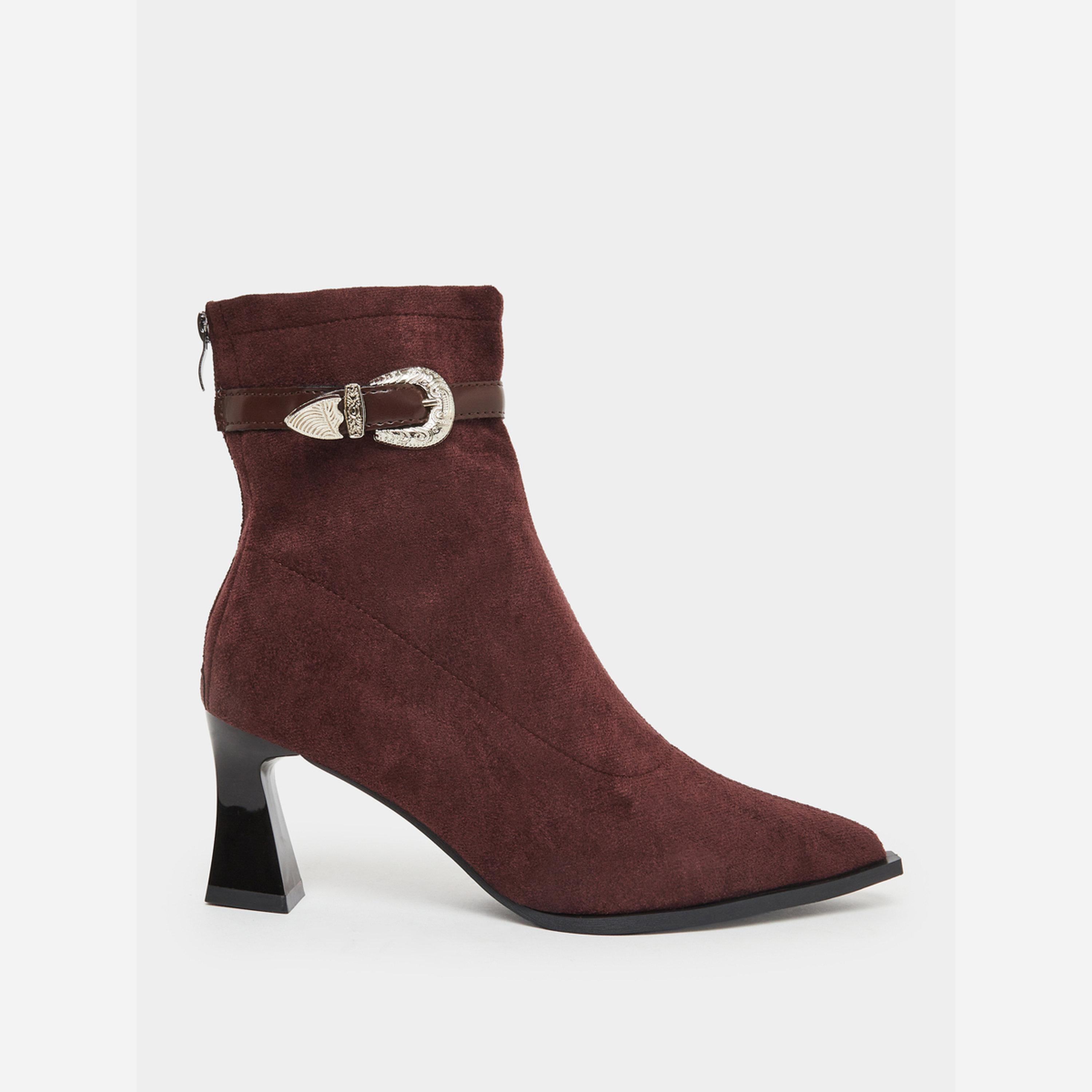 Take Two Women Burgundy Suede Buckle Detail Ankle Boots-women-shoes-boots-image-2