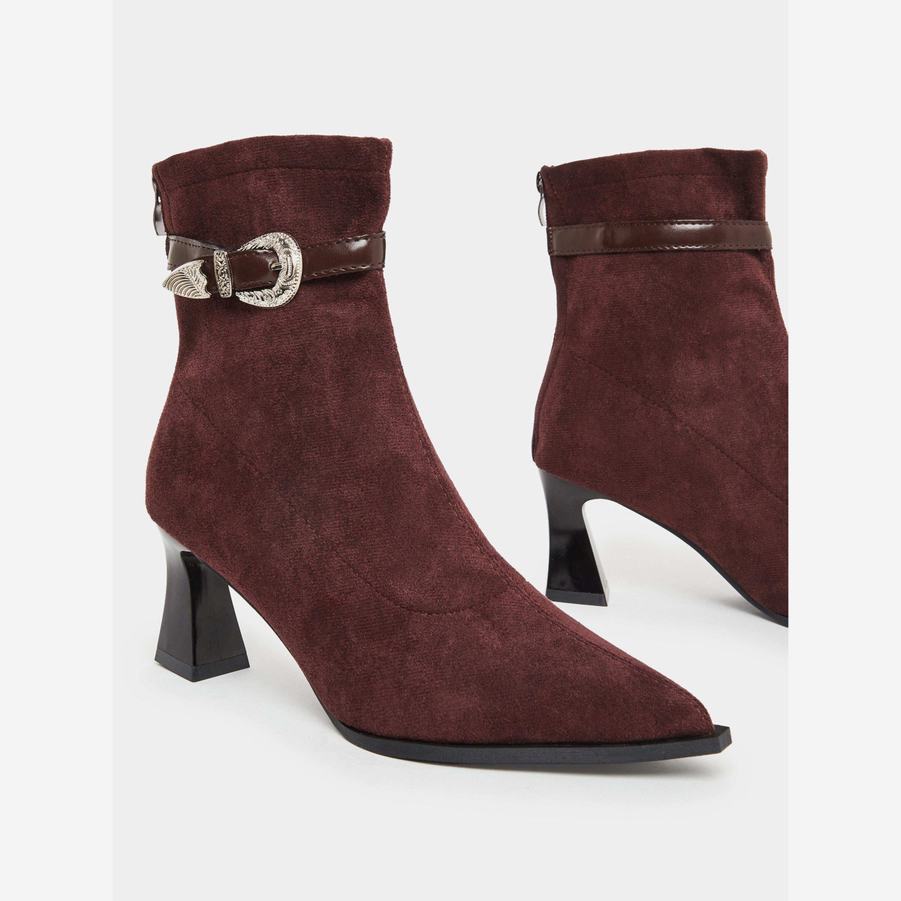 Take Two Women Burgundy Suede Buckle Detail Ankle Boots-women-shoes-boots-image-3